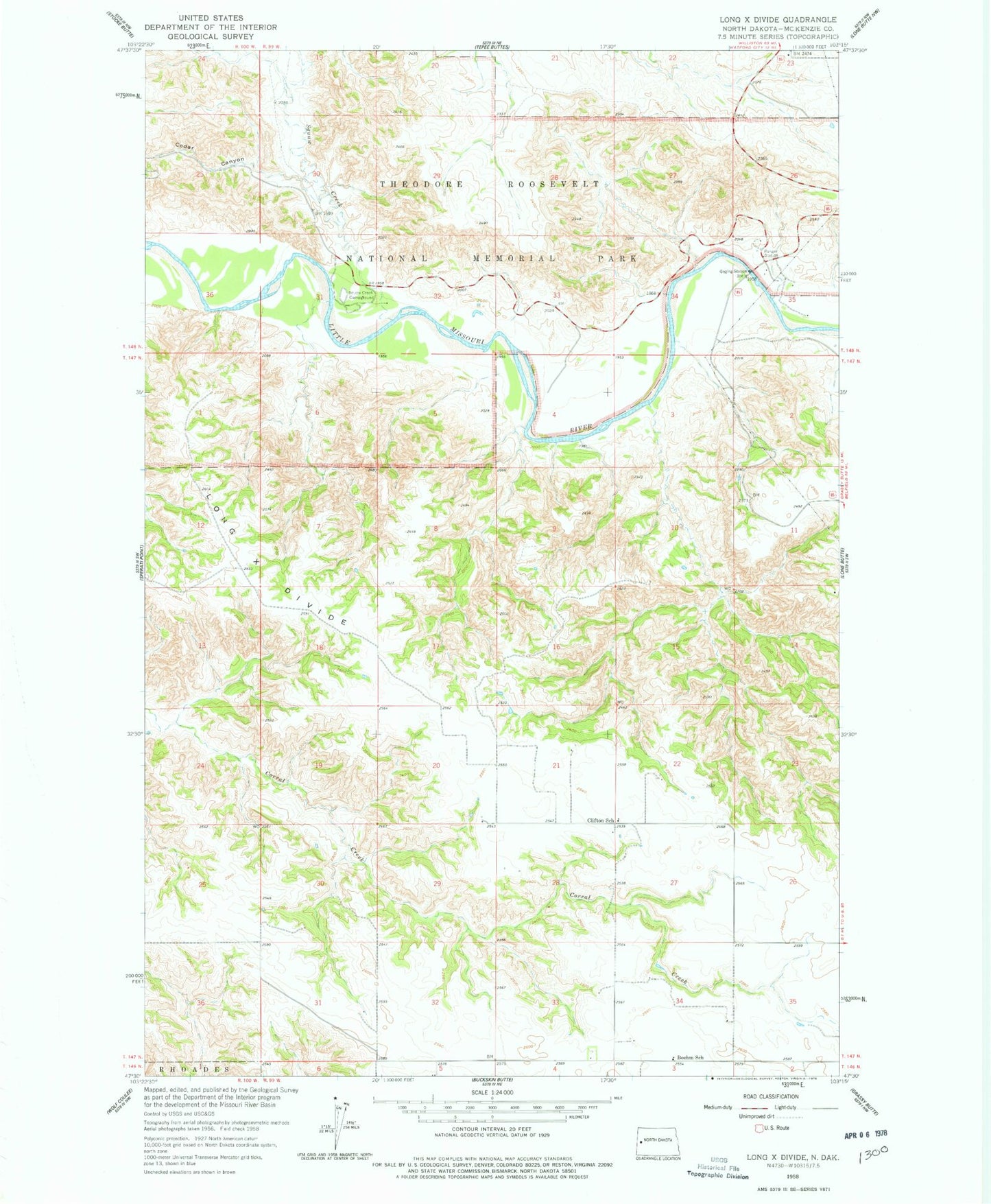 Classic USGS Long X Divide North Dakota 7.5'x7.5' Topo Map Image