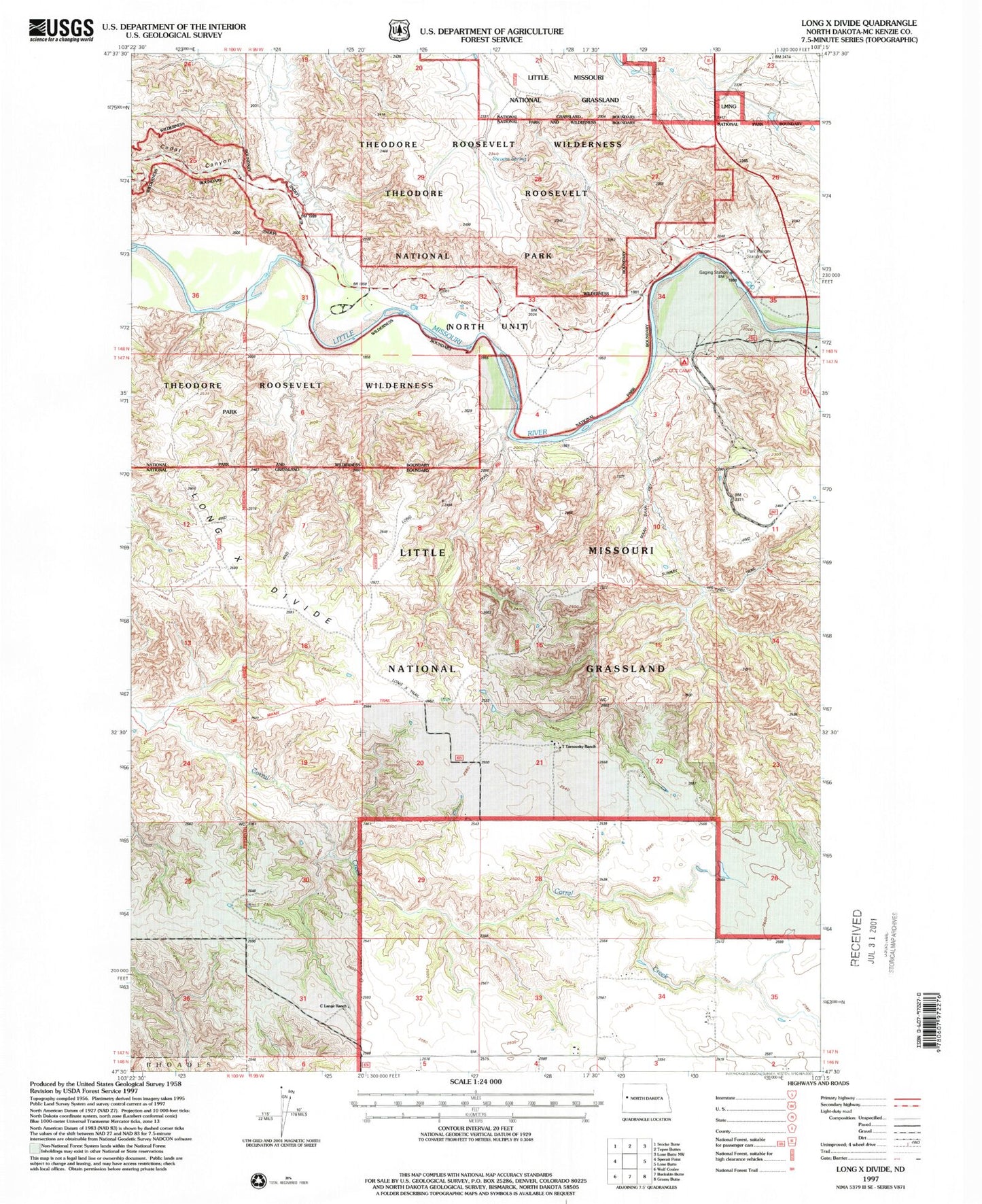Classic USGS Long X Divide North Dakota 7.5'x7.5' Topo Map Image