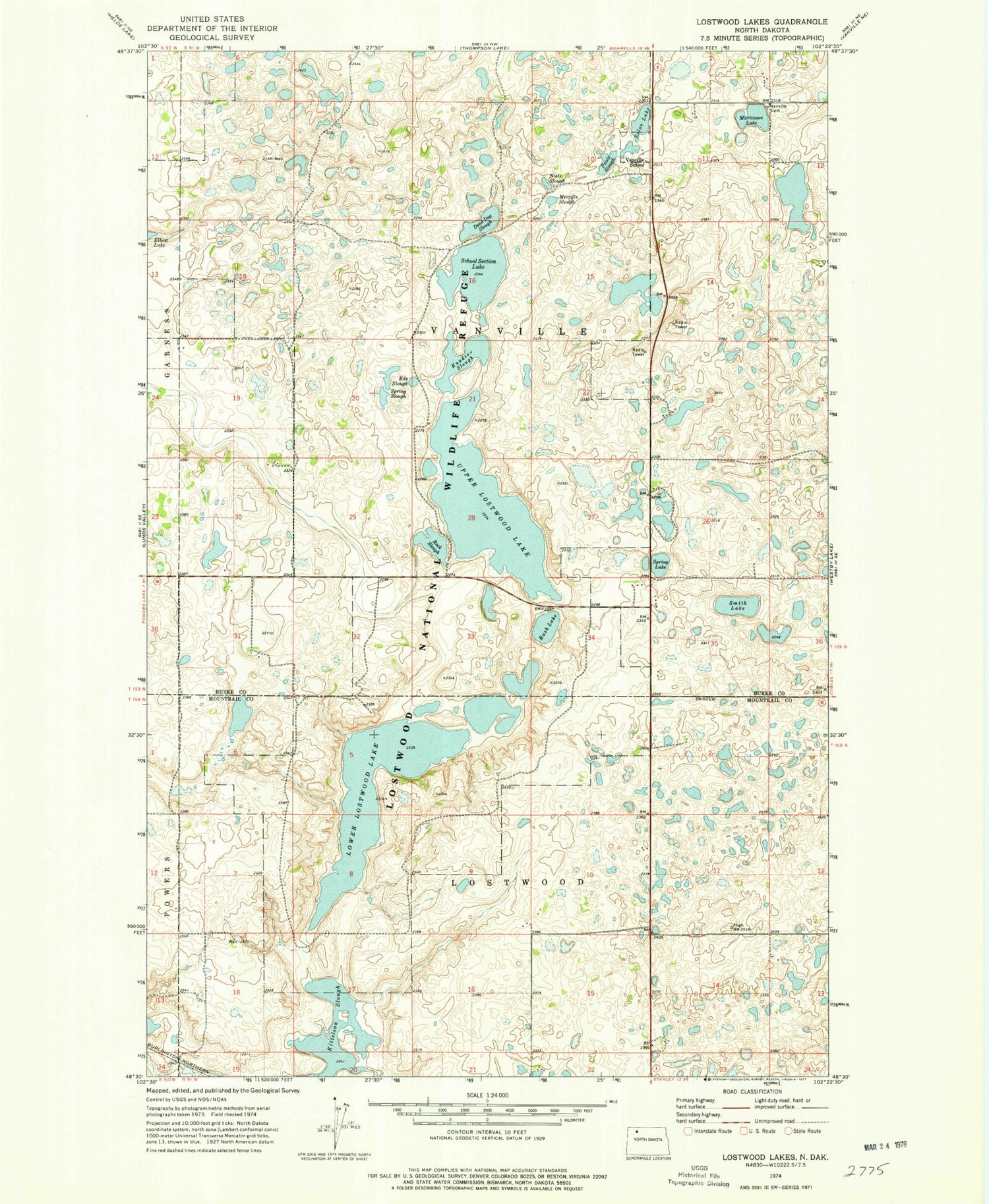 Classic USGS Lostwood Lakes North Dakota 7.5'x7.5' Topo Map Image