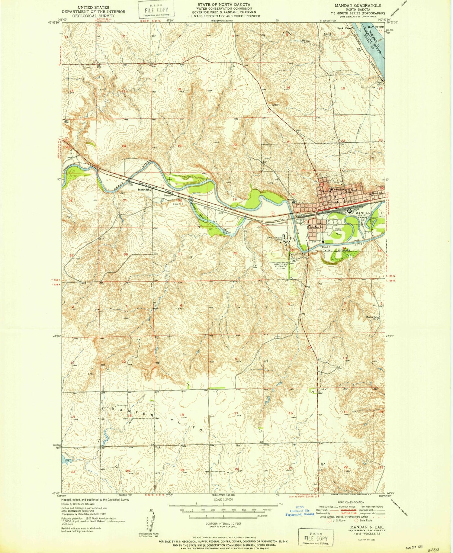 Classic USGS Mandan North Dakota 7.5'x7.5' Topo Map Image