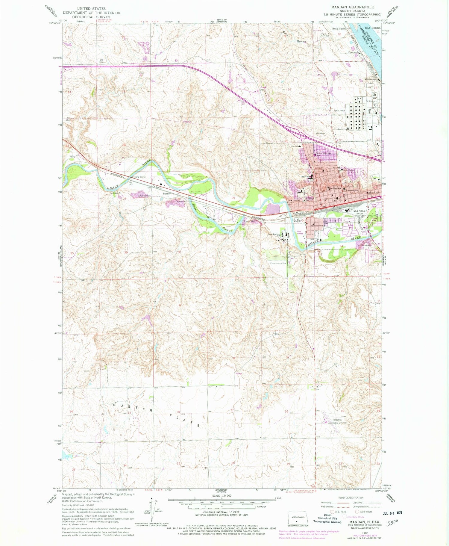 Classic USGS Mandan North Dakota 7.5'x7.5' Topo Map Image