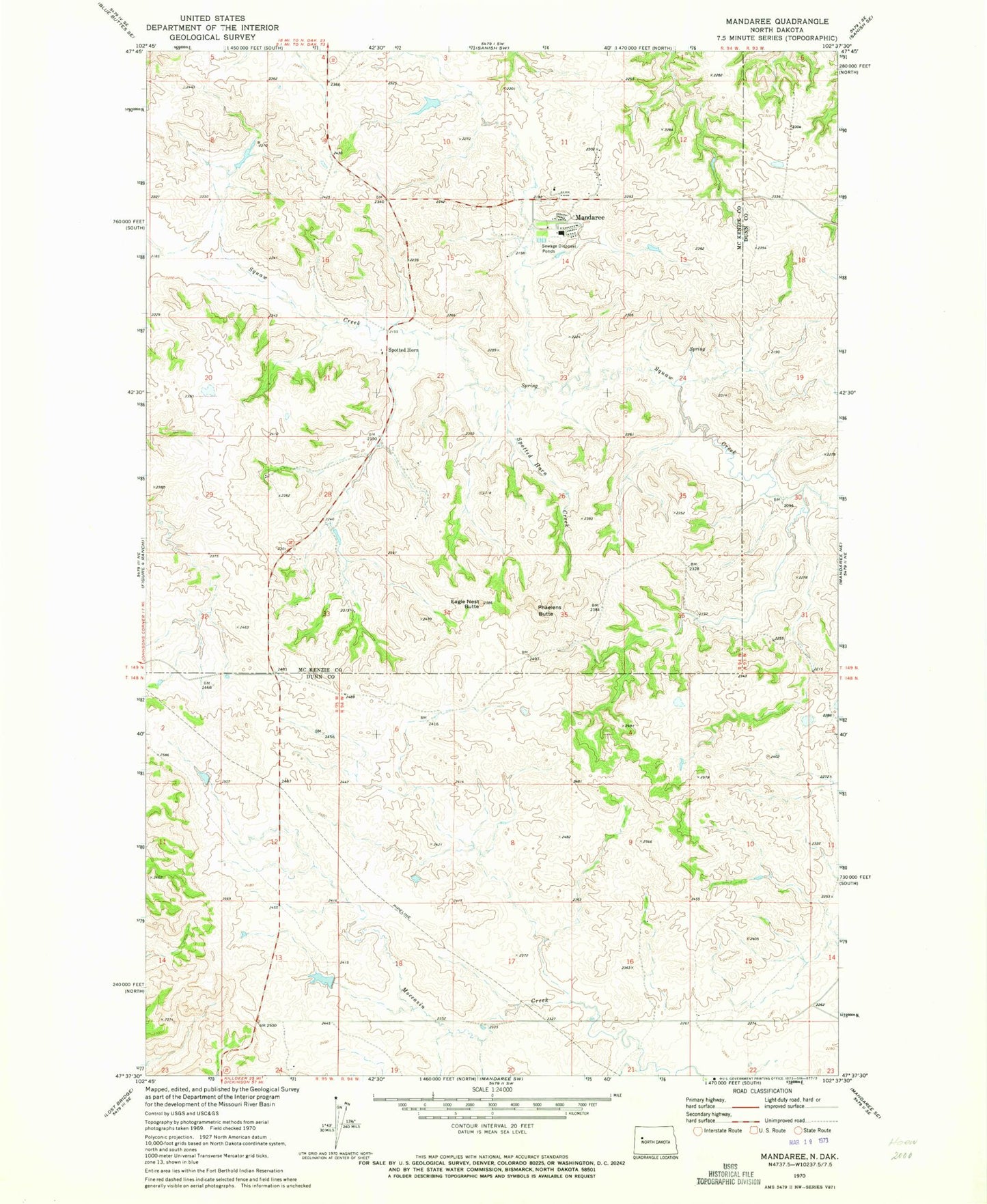 Classic USGS Mandaree North Dakota 7.5'x7.5' Topo Map Image