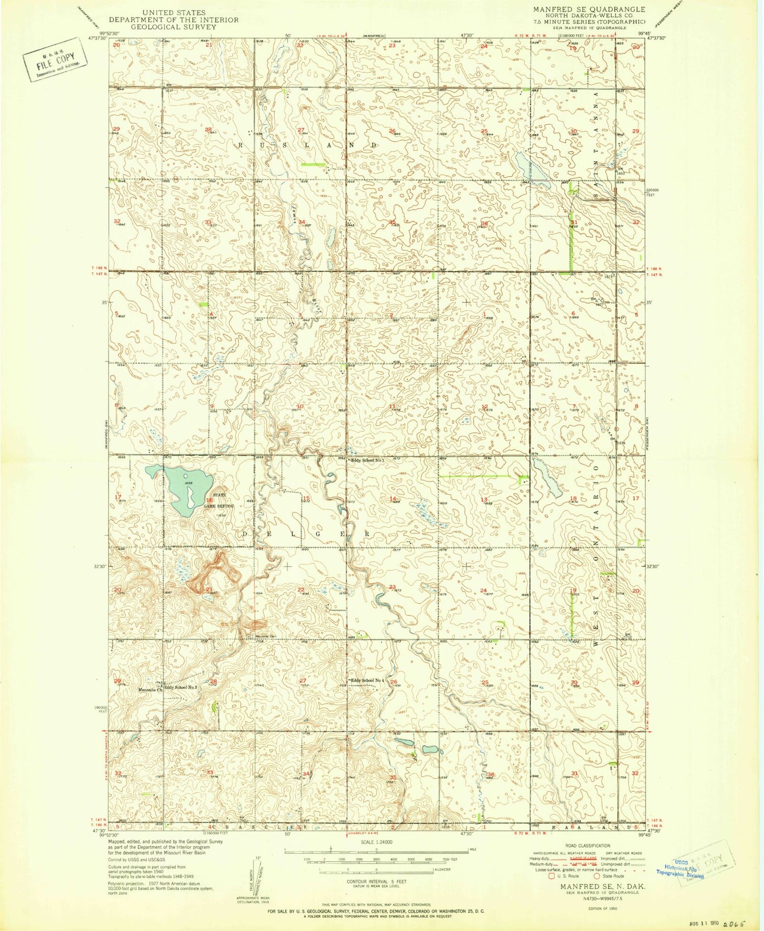 Classic USGS Manfred SE North Dakota 7.5'x7.5' Topo Map Image