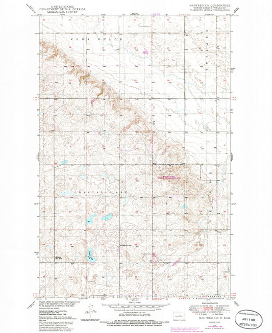 Classic USGS Manfred SW North Dakota 7.5'x7.5' Topo Map Image