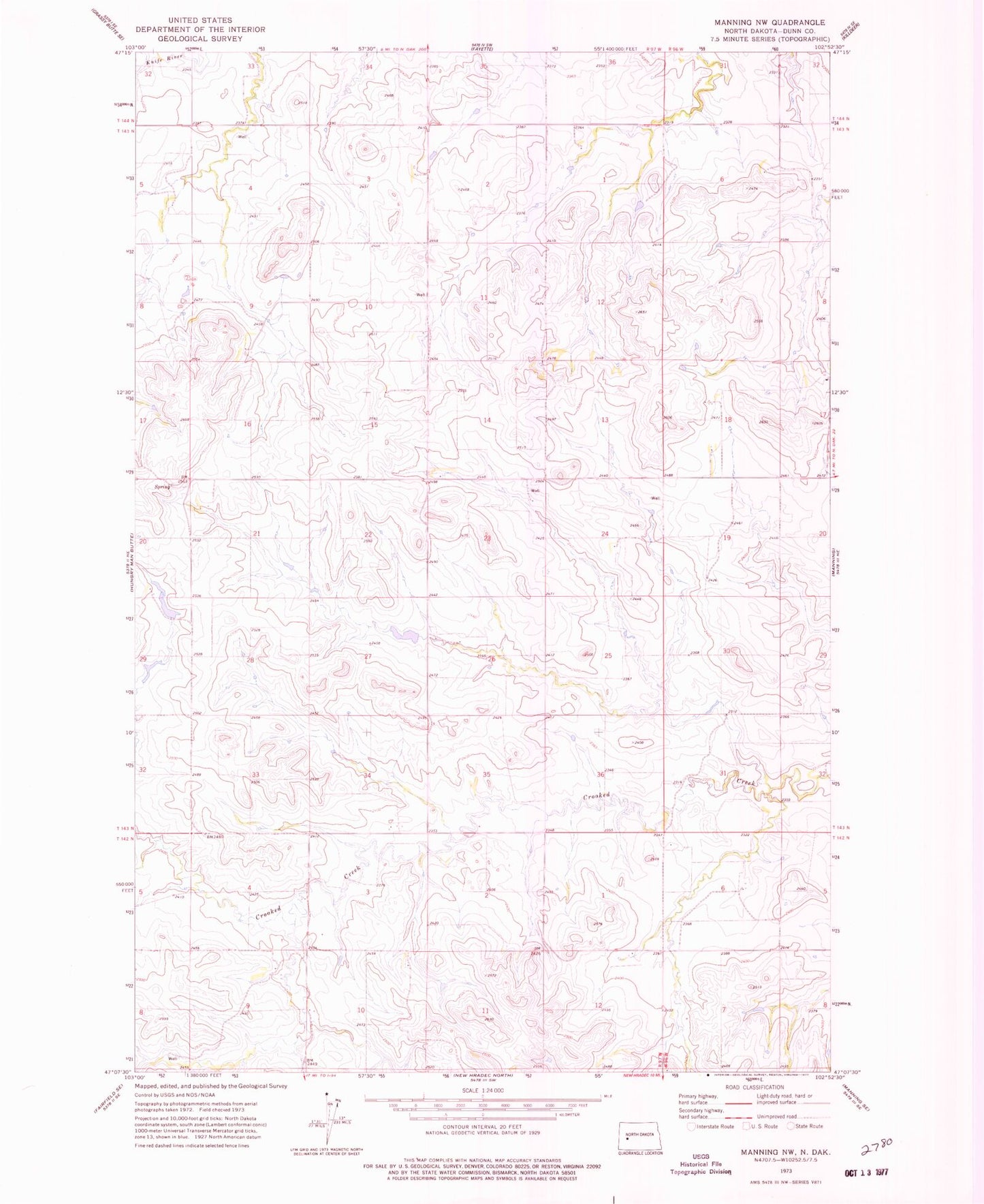 Classic USGS Manning NW North Dakota 7.5'x7.5' Topo Map Image