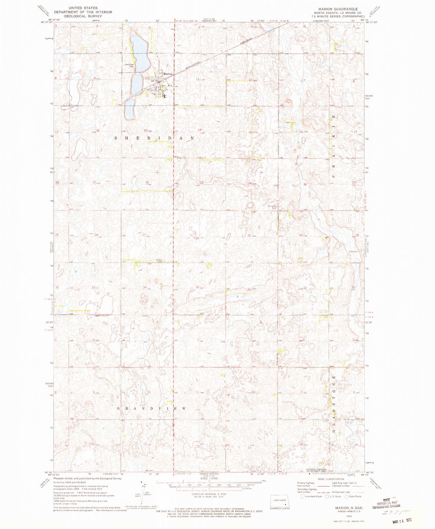 Classic USGS Marion North Dakota 7.5'x7.5' Topo Map Image
