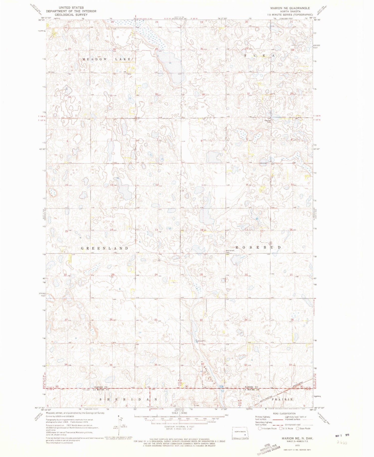 Classic USGS Marion NE North Dakota 7.5'x7.5' Topo Map Image