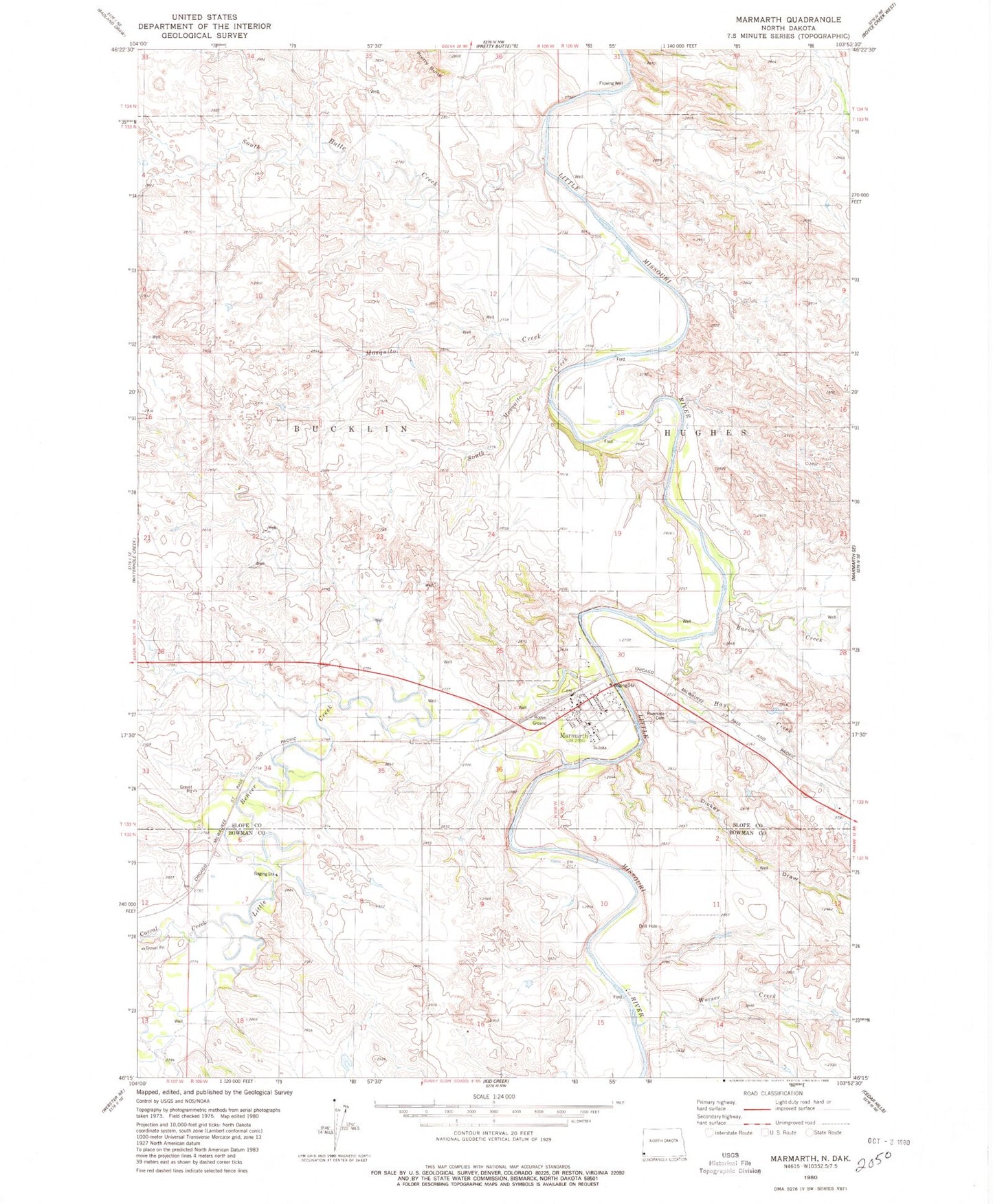 Classic USGS Marmarth North Dakota 7.5'x7.5' Topo Map Image