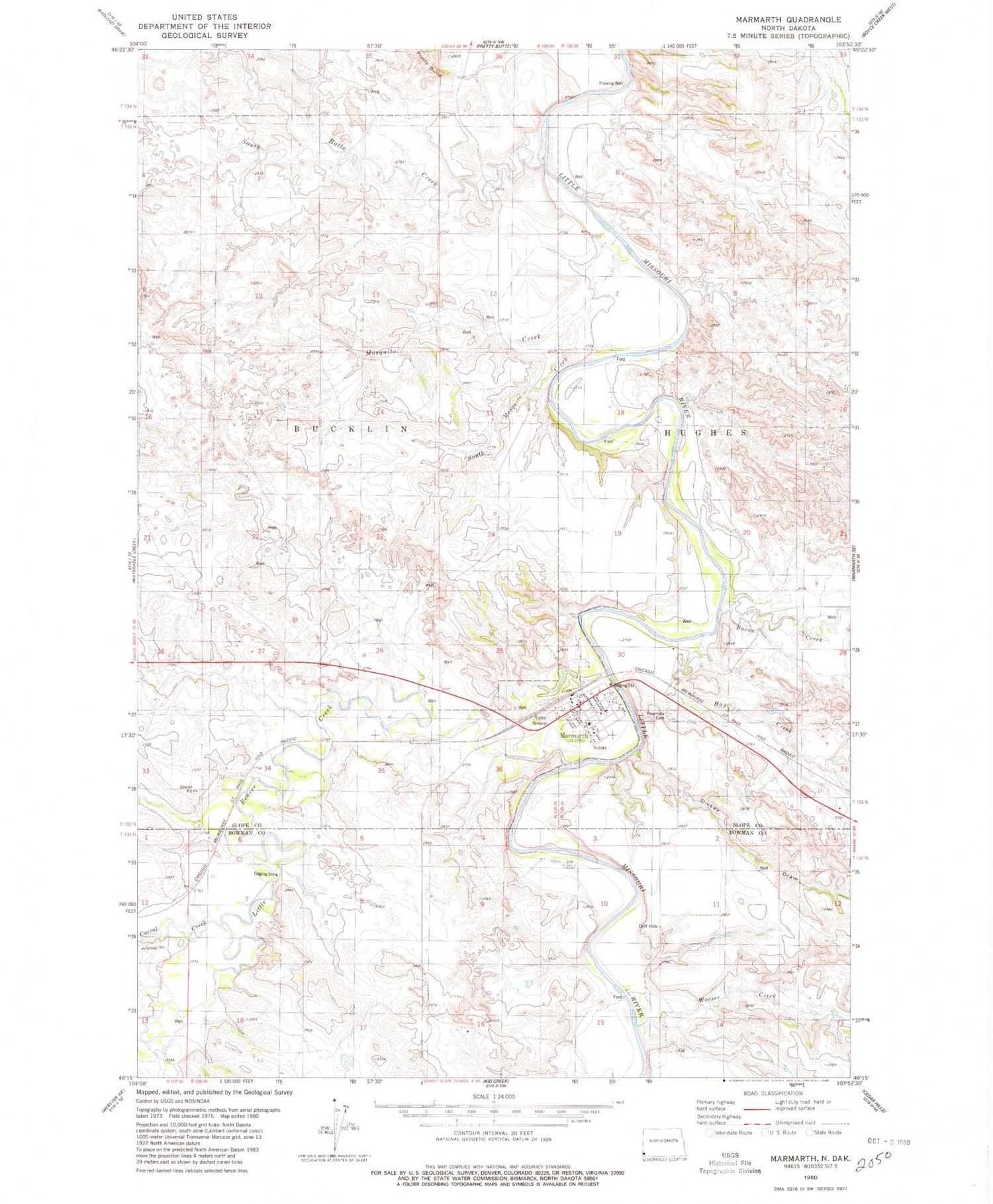 Classic USGS Marmarth North Dakota 7.5'x7.5' Topo Map Image