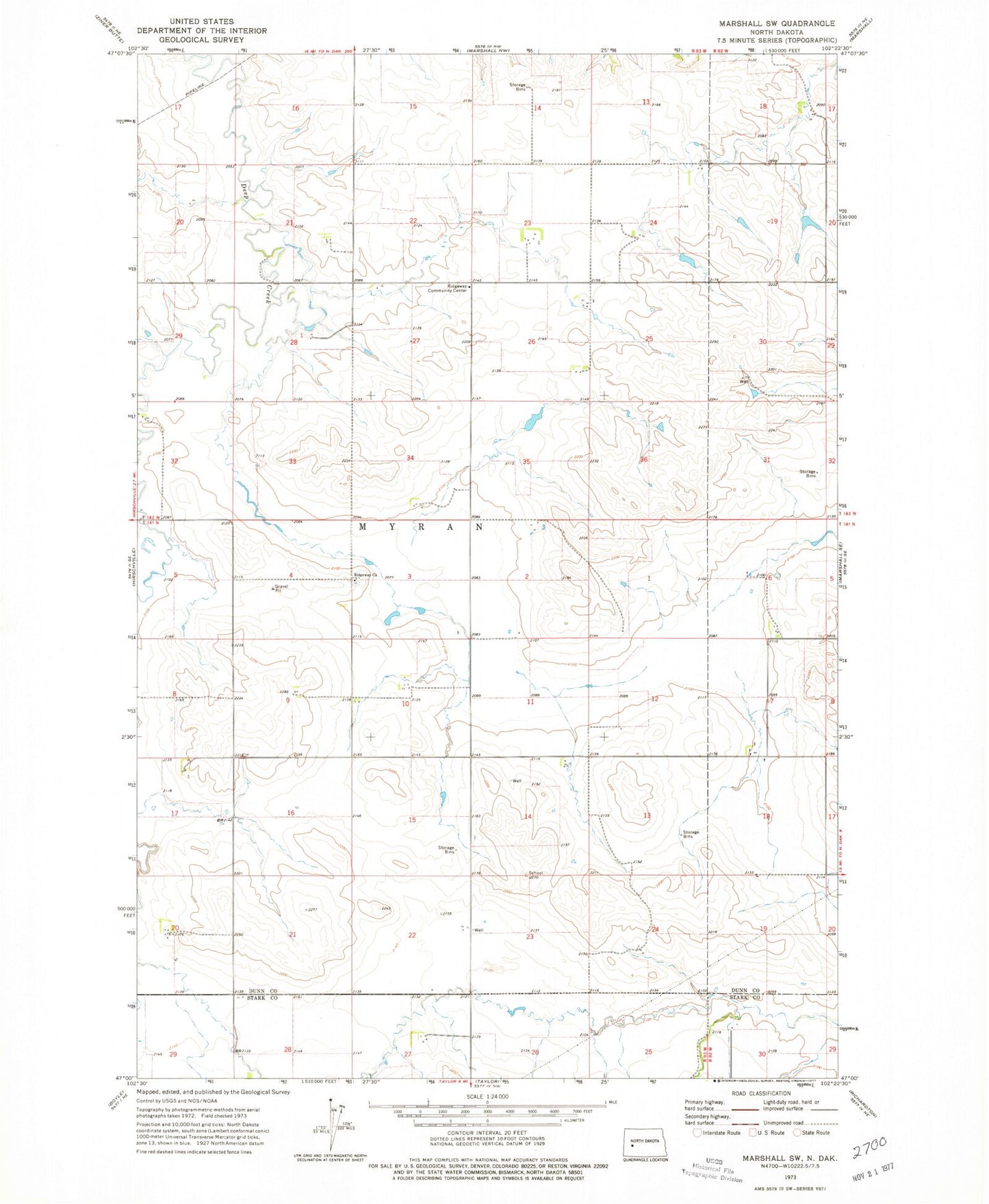 Classic USGS Marshall SW North Dakota 7.5'x7.5' Topo Map Image