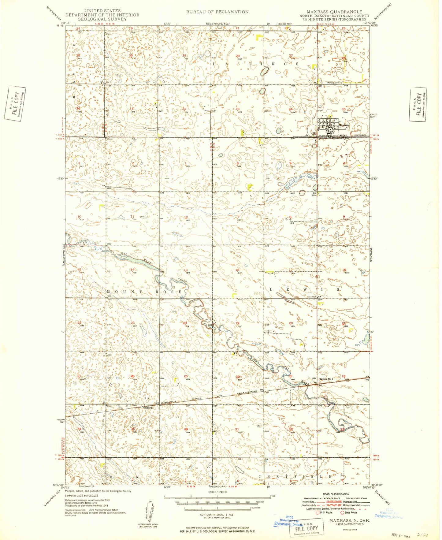 Classic USGS Maxbass North Dakota 7.5'x7.5' Topo Map Image