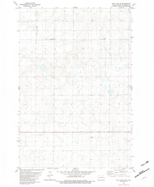 Classic USGS May Lake SW North Dakota 7.5'x7.5' Topo Map Image