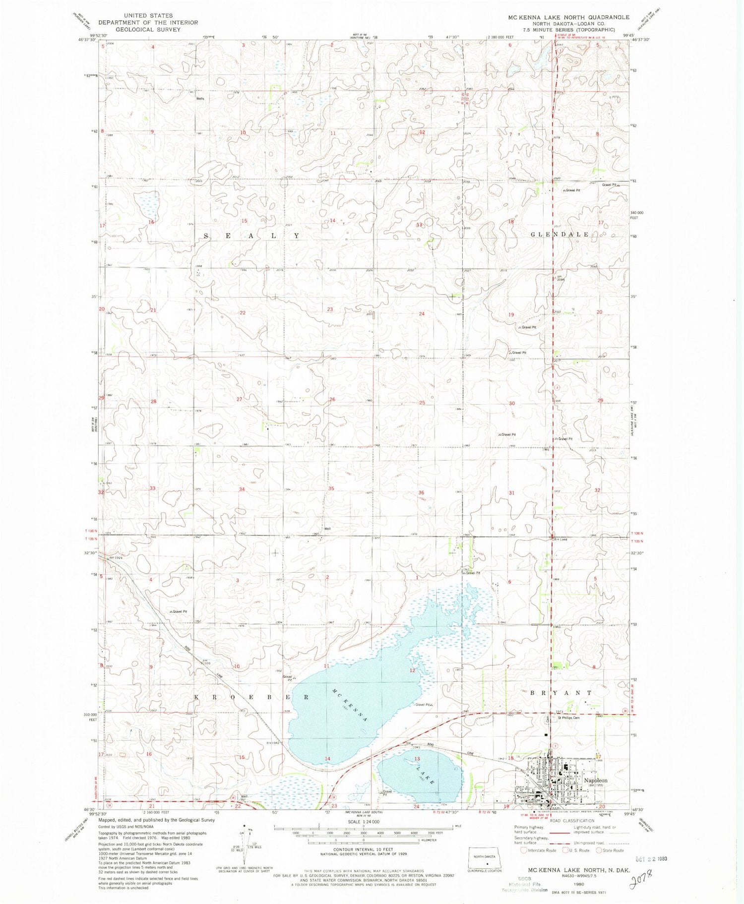 Classic USGS McKenna Lake North North Dakota 7.5'x7.5' Topo Map Image