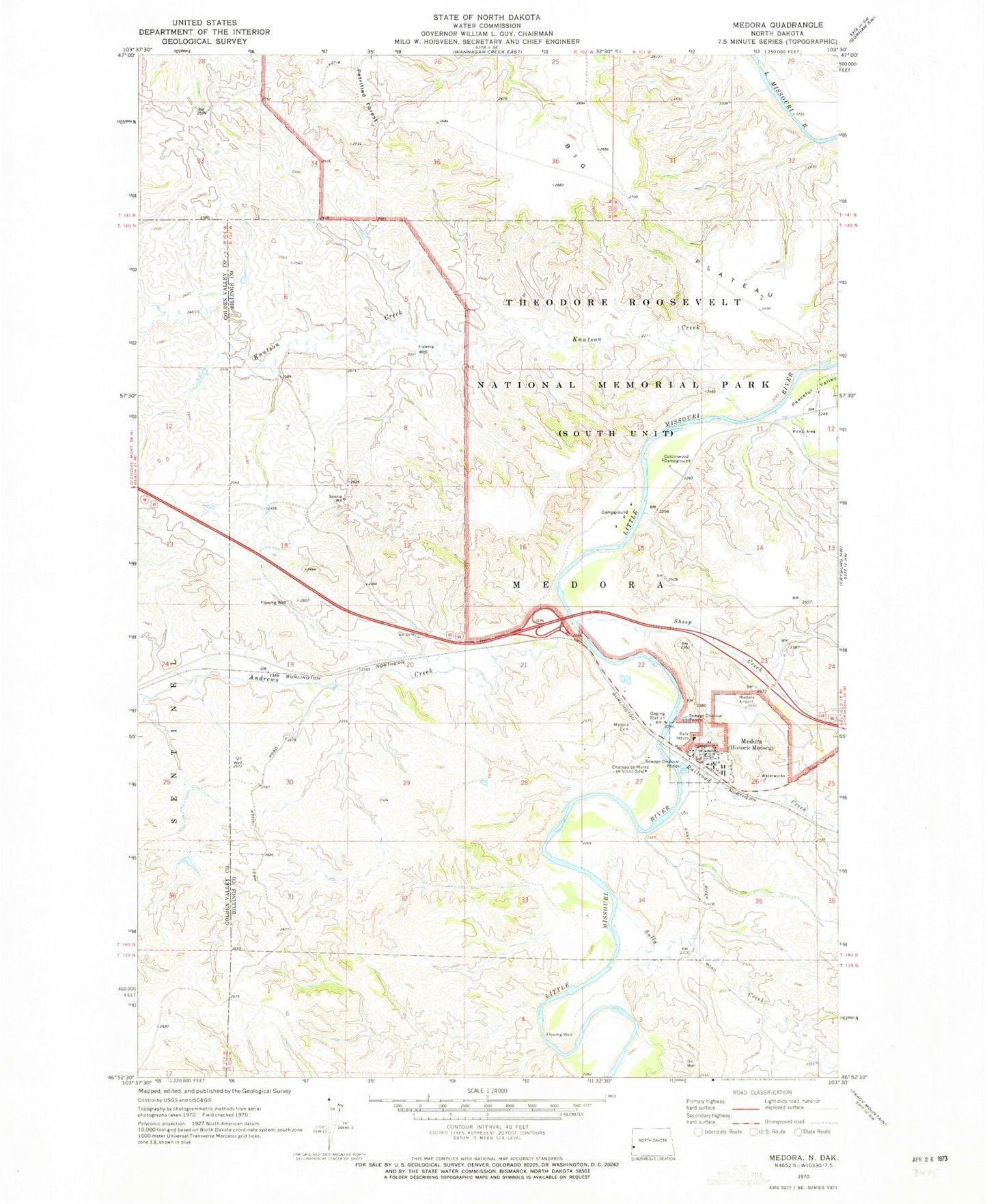 Classic USGS Medora North Dakota 7.5'x7.5' Topo Map Image
