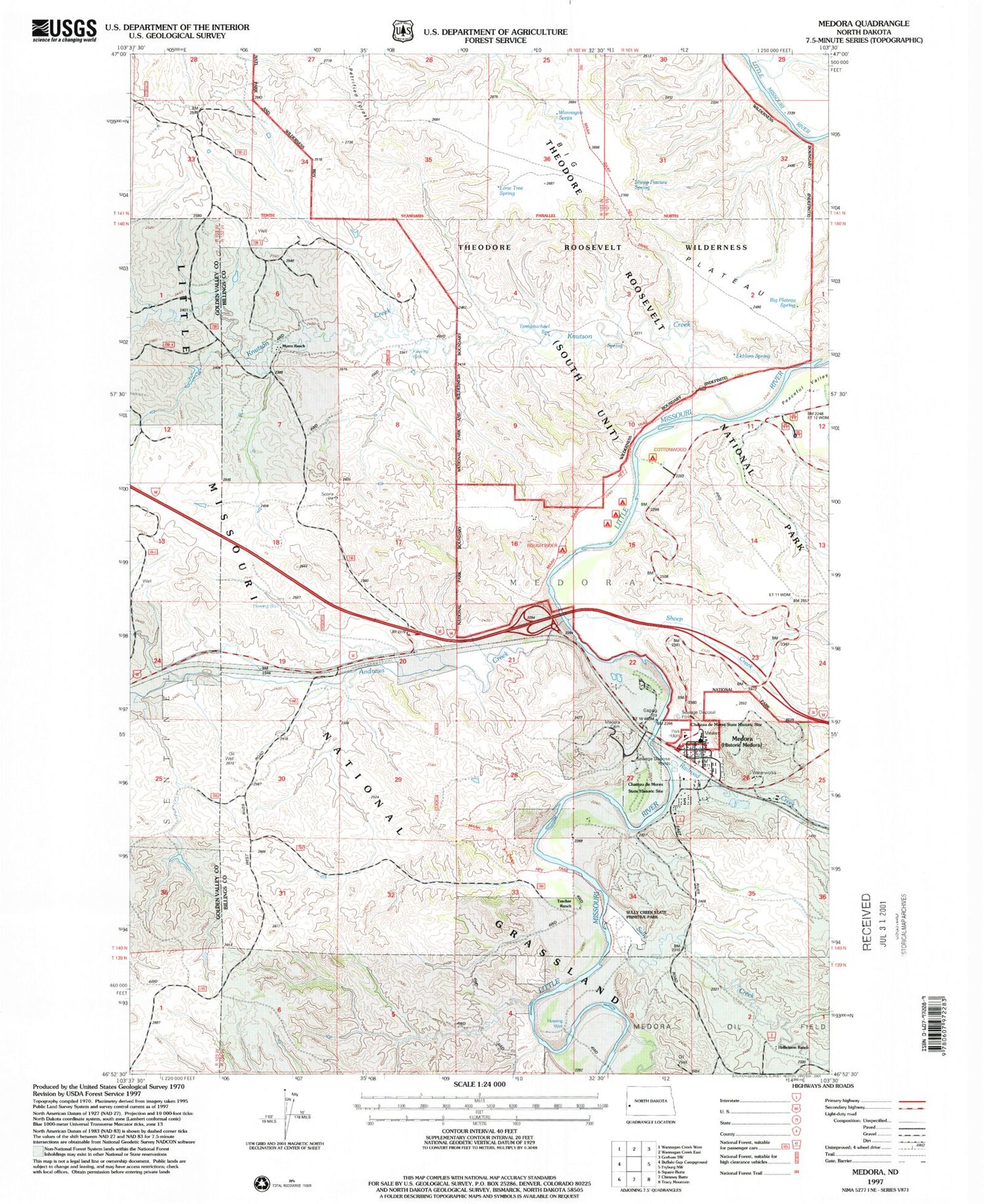 Classic USGS Medora North Dakota 7.5'x7.5' Topo Map Image