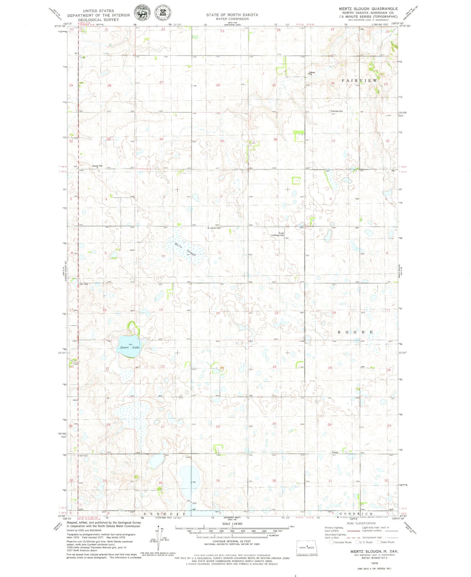 Classic USGS Mertz Slough North Dakota 7.5'x7.5' Topo Map Image