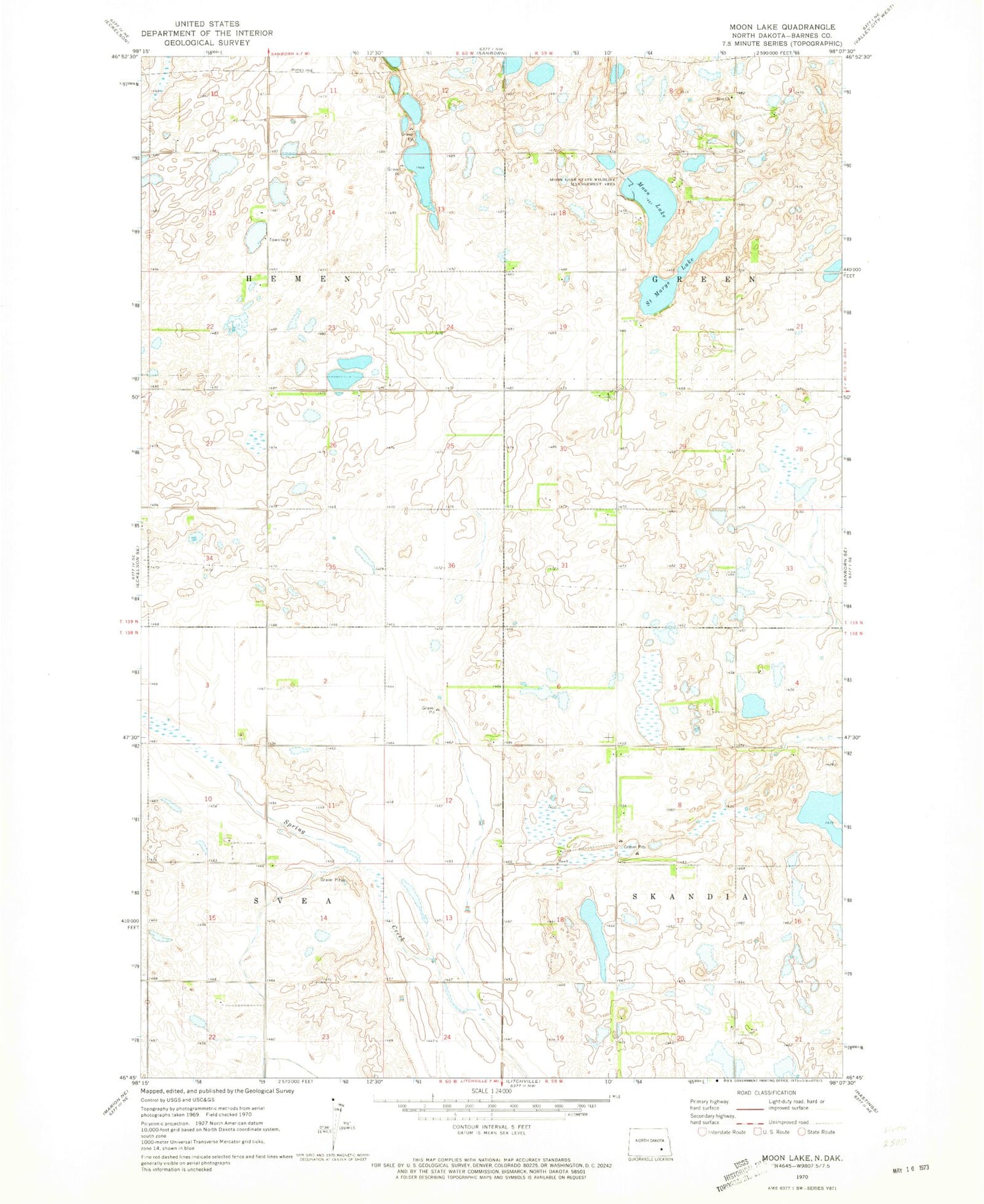 Classic USGS Moon Lake North Dakota 7.5'x7.5' Topo Map Image