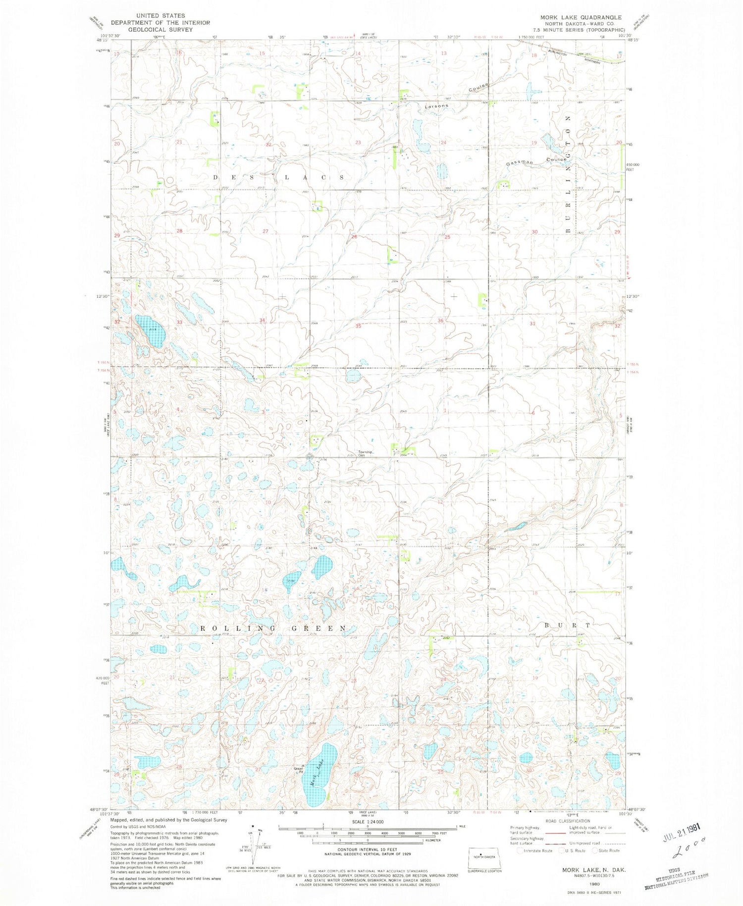 Classic USGS Mork Lake North Dakota 7.5'x7.5' Topo Map Image