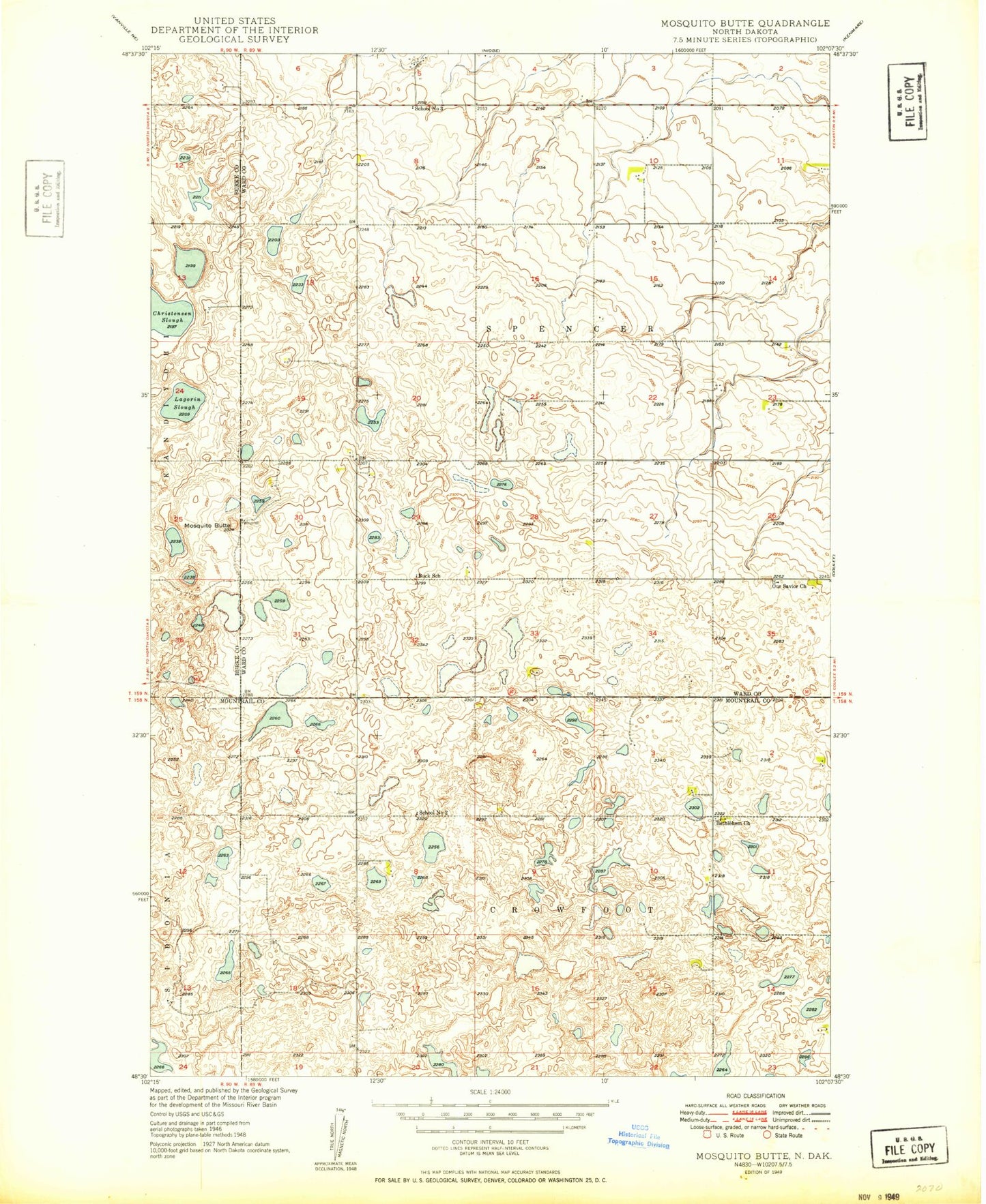 Classic USGS Mosquito Butte North Dakota 7.5'x7.5' Topo Map Image