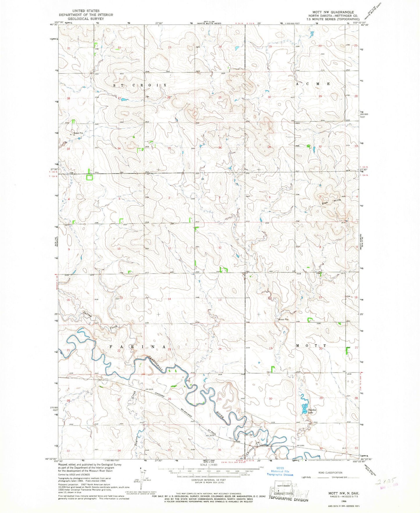 Classic USGS Mott NW North Dakota 7.5'x7.5' Topo Map Image