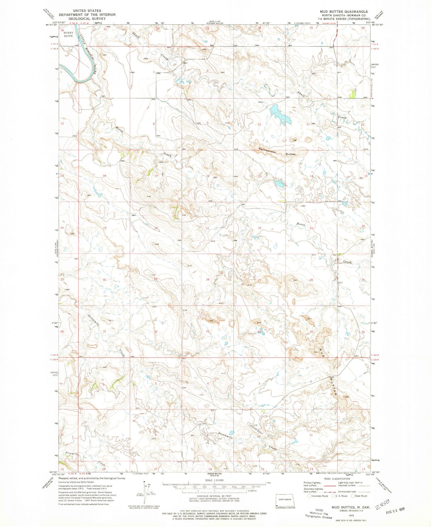 Classic USGS Mud Buttes North Dakota 7.5'x7.5' Topo Map Image