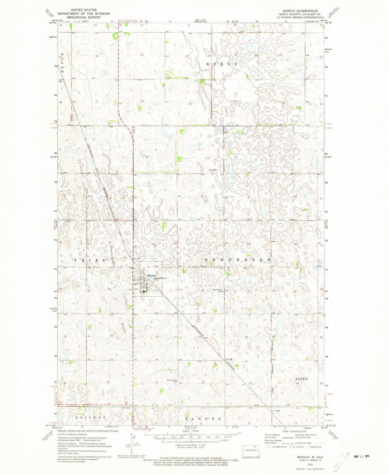 Classic USGS Munich North Dakota 7.5'x7.5' Topo Map Image