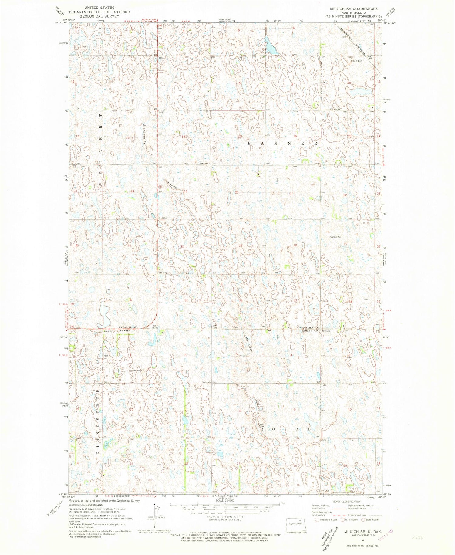 Classic USGS Munich SE North Dakota 7.5'x7.5' Topo Map Image