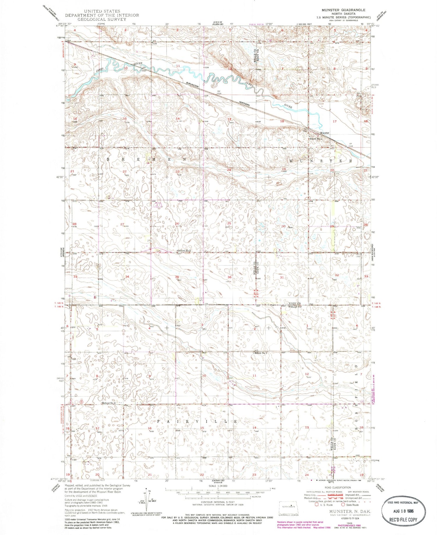 Classic USGS Munster North Dakota 7.5'x7.5' Topo Map Image