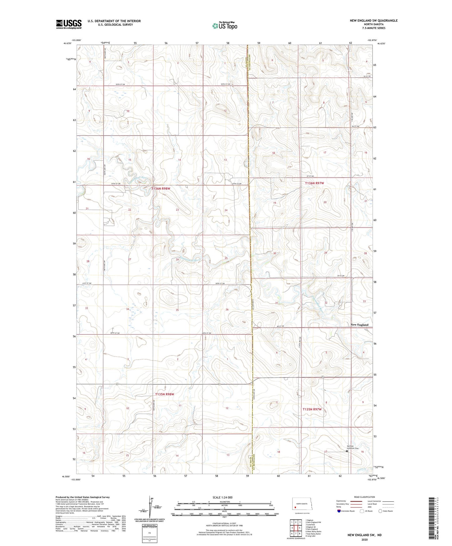 New England SW North Dakota US Topo Map Image