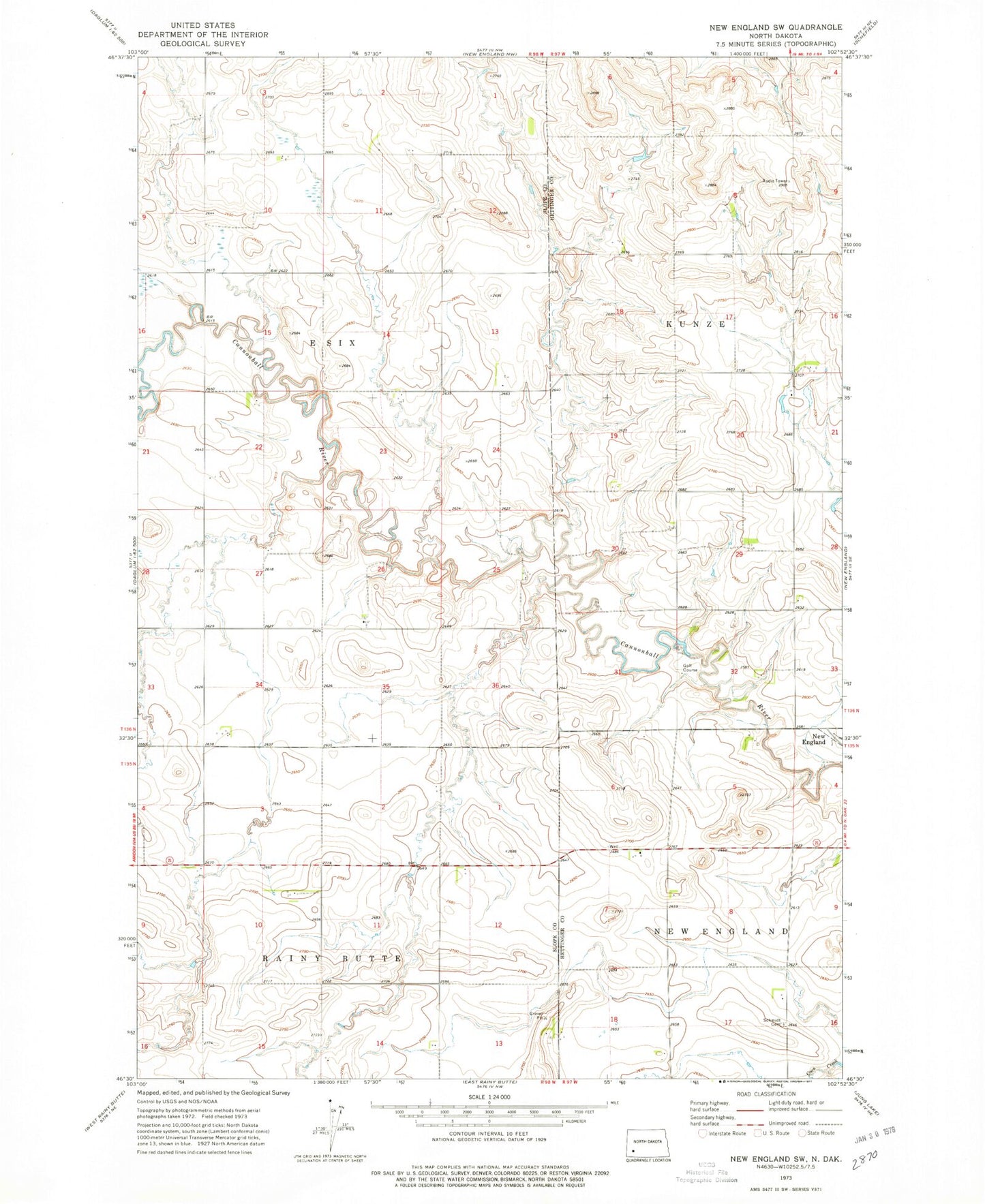 Classic USGS New England SW North Dakota 7.5'x7.5' Topo Map Image