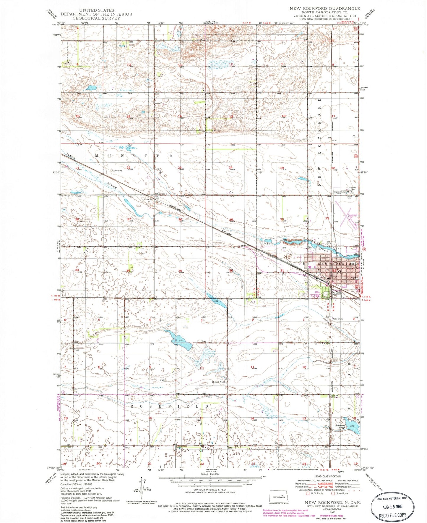Classic USGS New Rockford North Dakota 7.5'x7.5' Topo Map Image