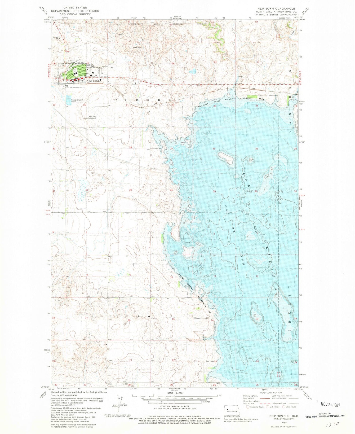 Classic USGS New Town North Dakota 7.5'x7.5' Topo Map Image