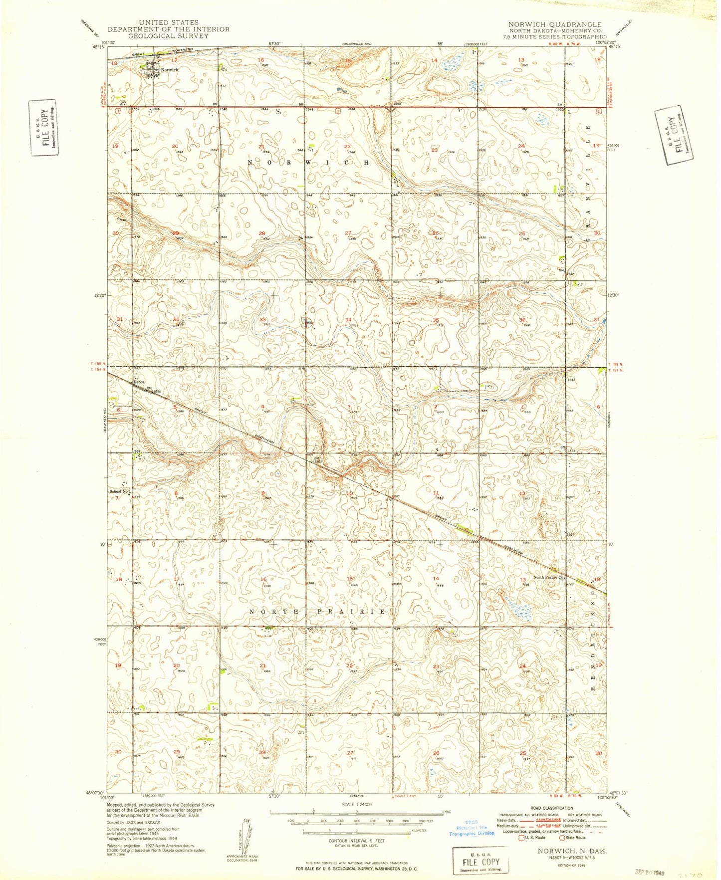 Classic USGS Norwich North Dakota 7.5'x7.5' Topo Map Image