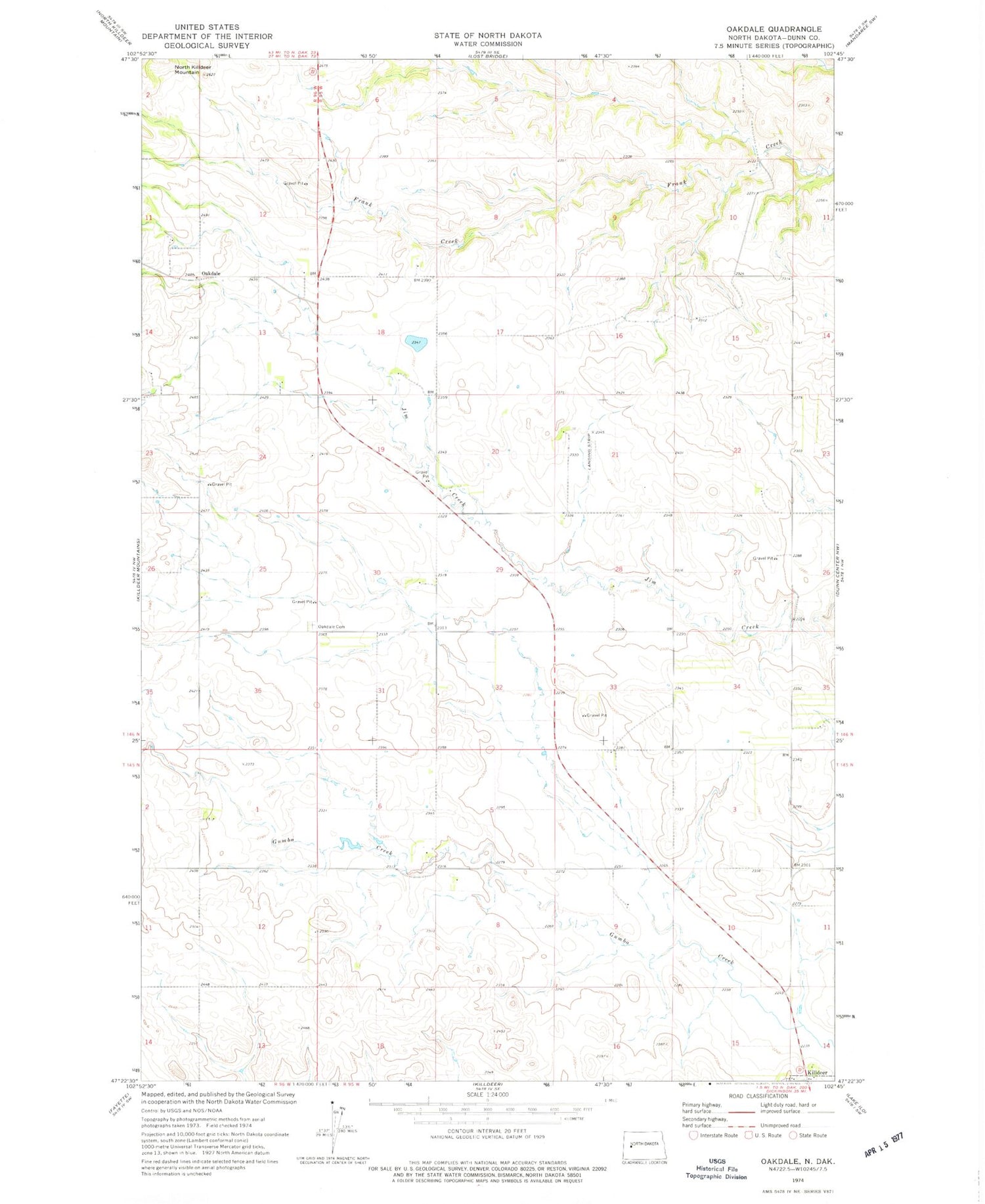 Classic USGS Oakdale North Dakota 7.5'x7.5' Topo Map Image