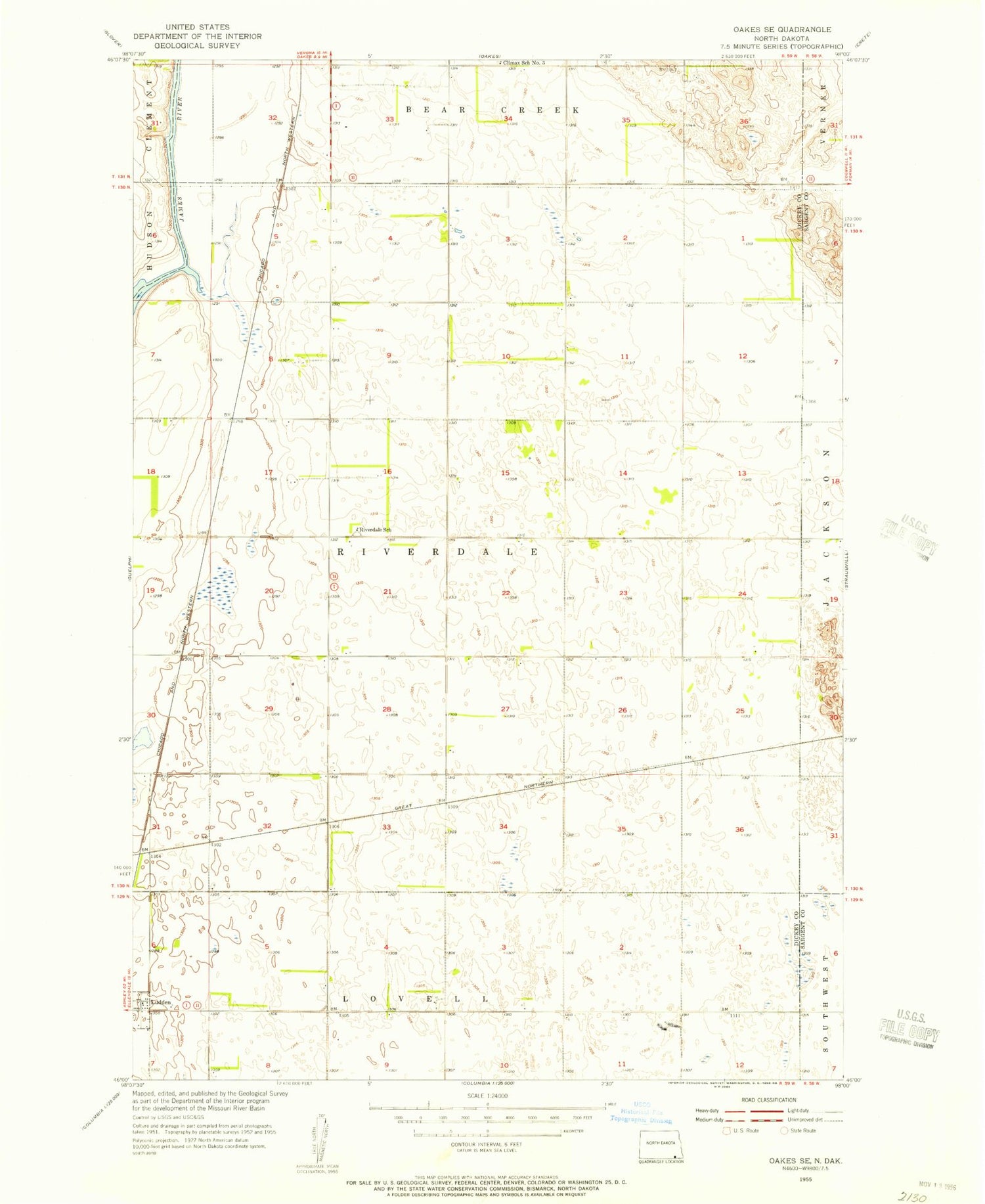 Classic USGS Oakes SE North Dakota 7.5'x7.5' Topo Map Image