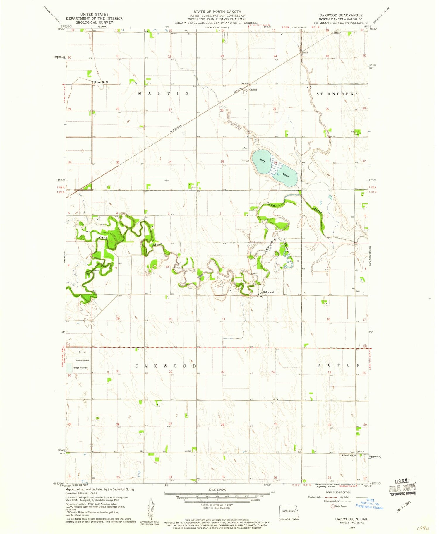 Classic USGS Oakwood North Dakota 7.5'x7.5' Topo Map Image