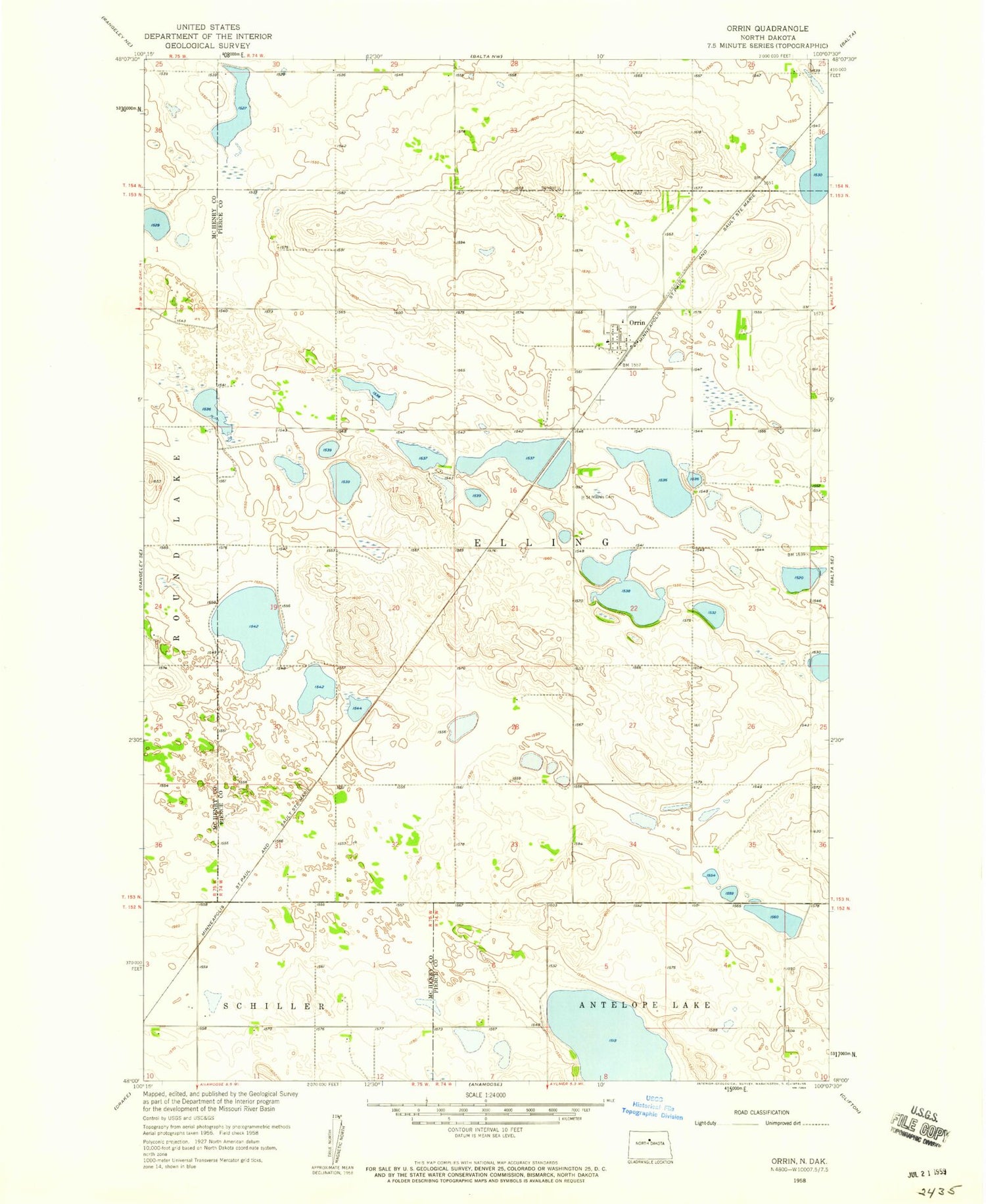 Classic USGS Orrin North Dakota 7.5'x7.5' Topo Map Image