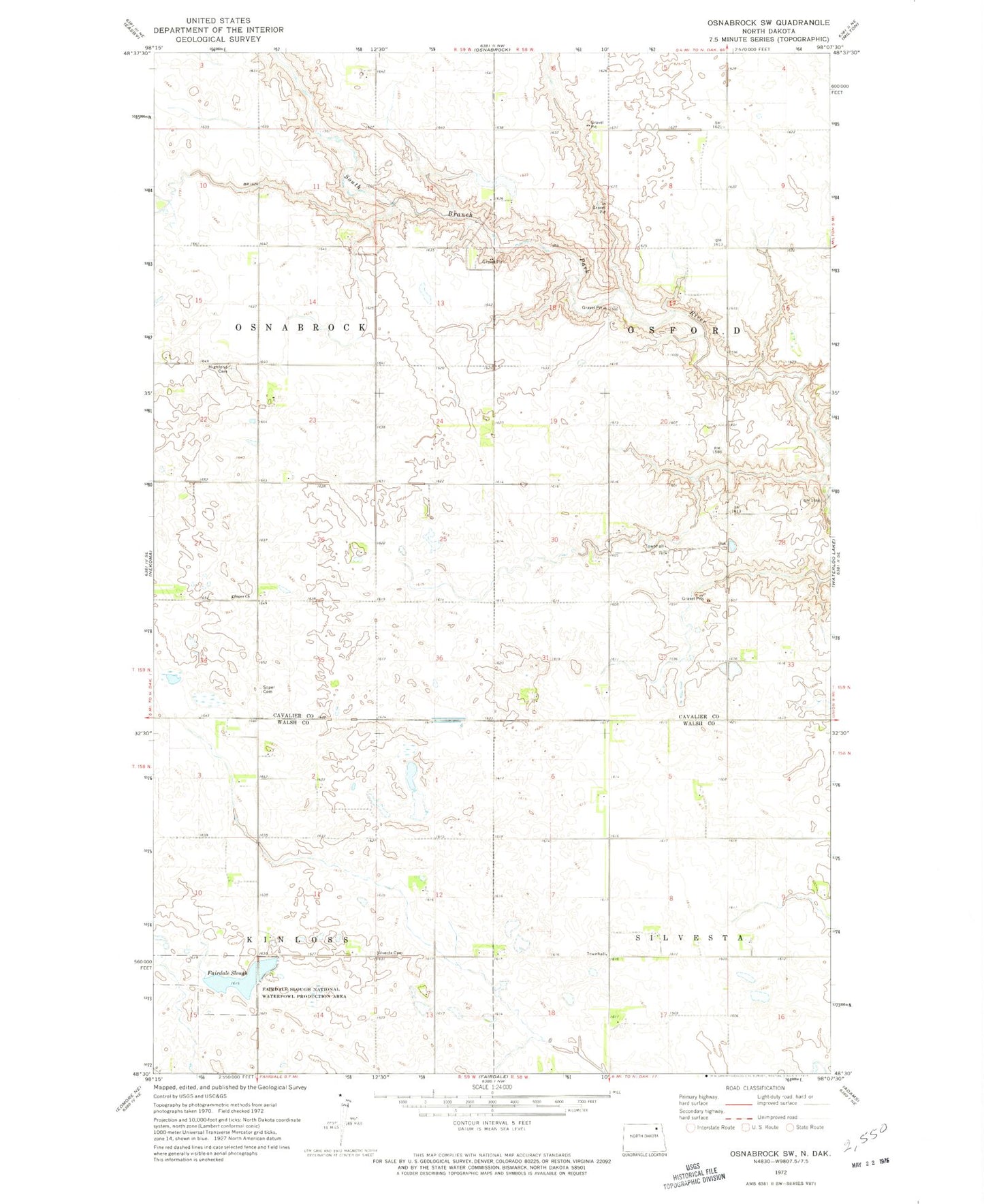 Classic USGS Osnabrock SW North Dakota 7.5'x7.5' Topo Map Image