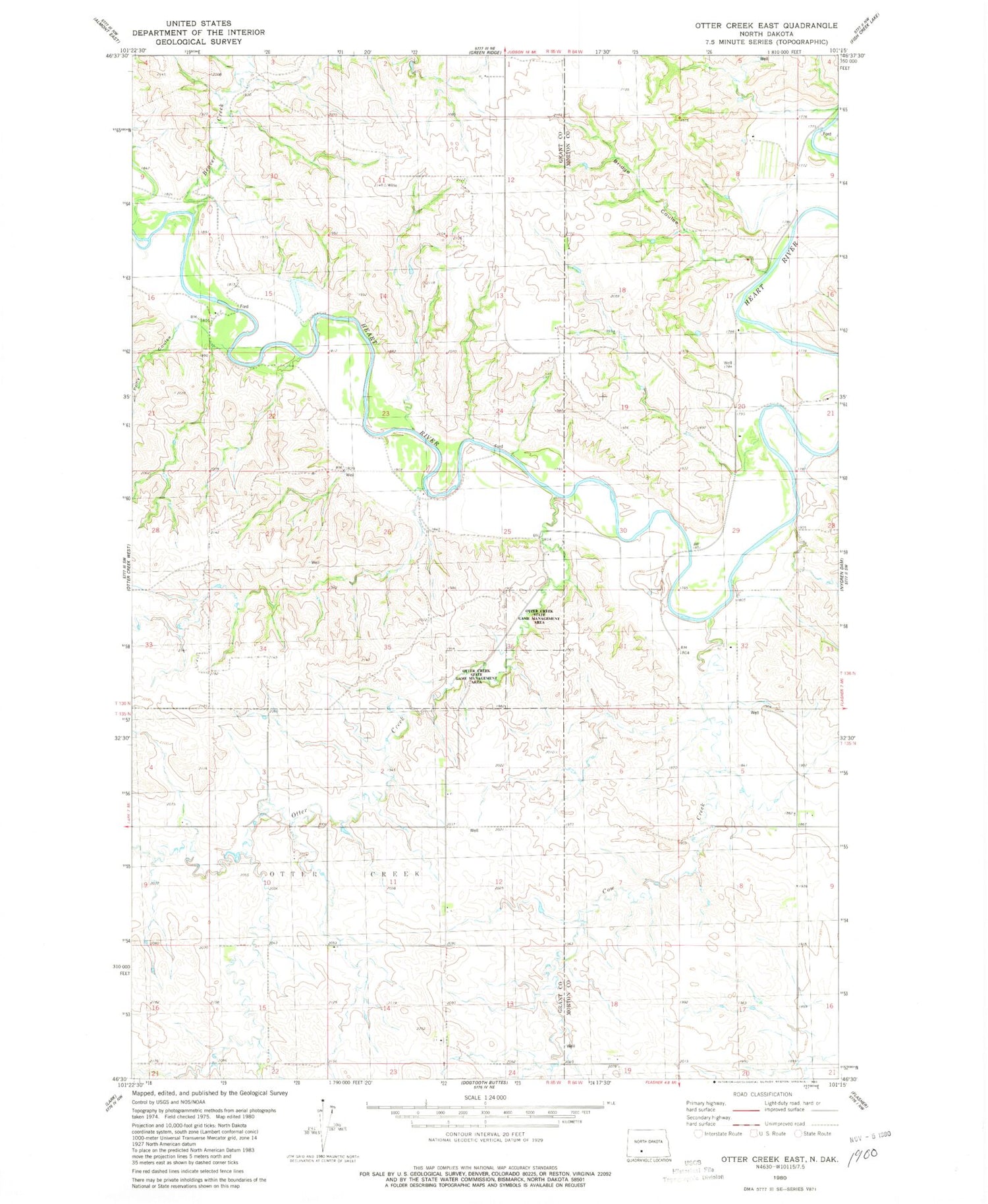 Classic USGS Otter Creek East North Dakota 7.5'x7.5' Topo Map Image