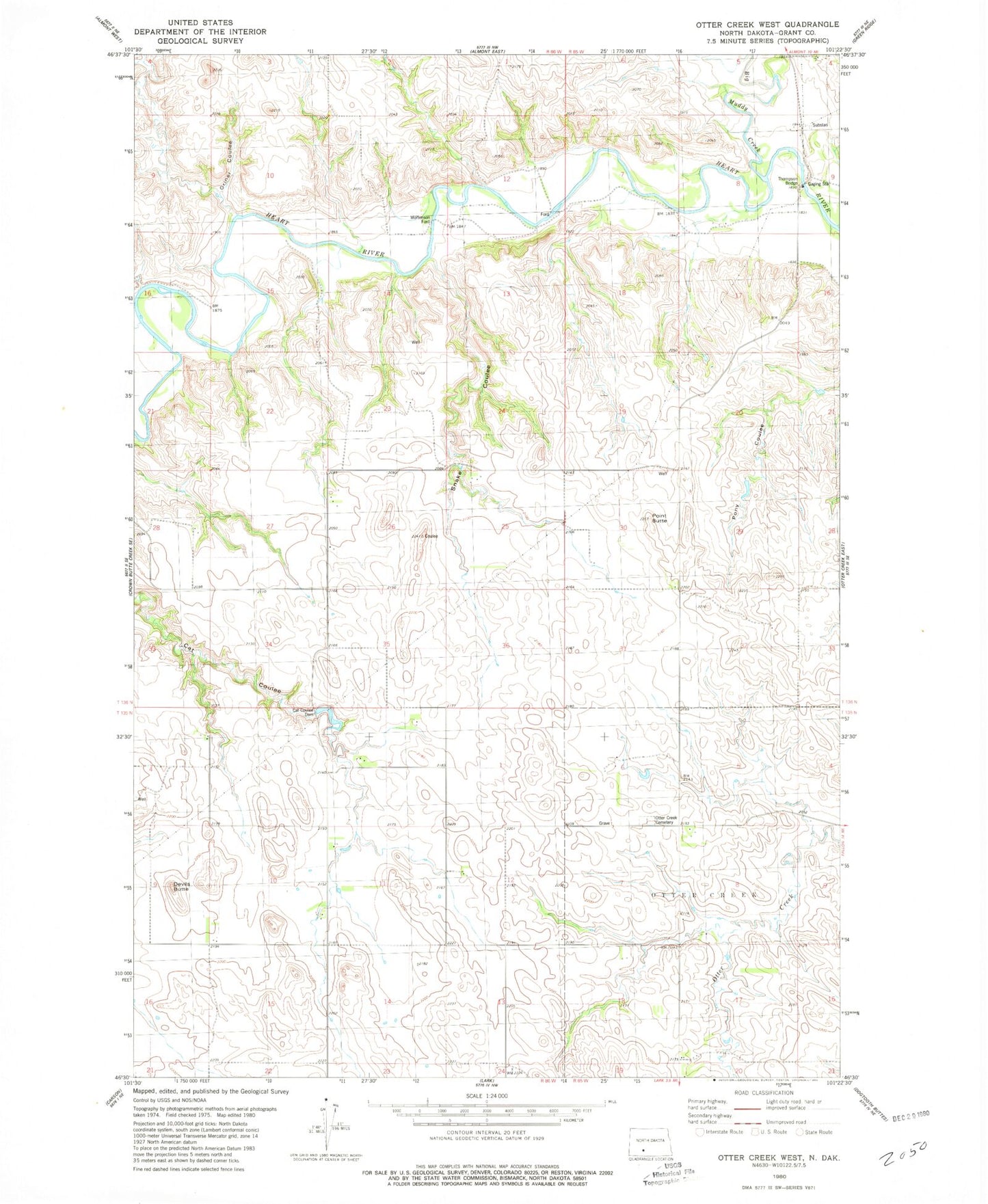 Classic USGS Otter Creek West North Dakota 7.5'x7.5' Topo Map Image