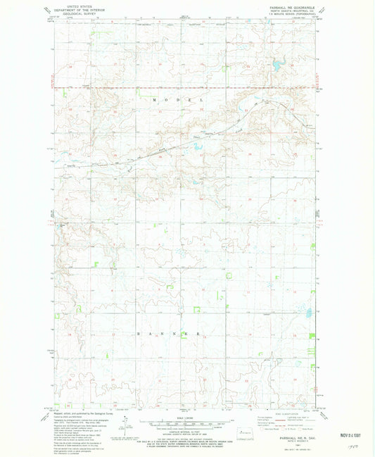Classic USGS Parshall NE North Dakota 7.5'x7.5' Topo Map Image
