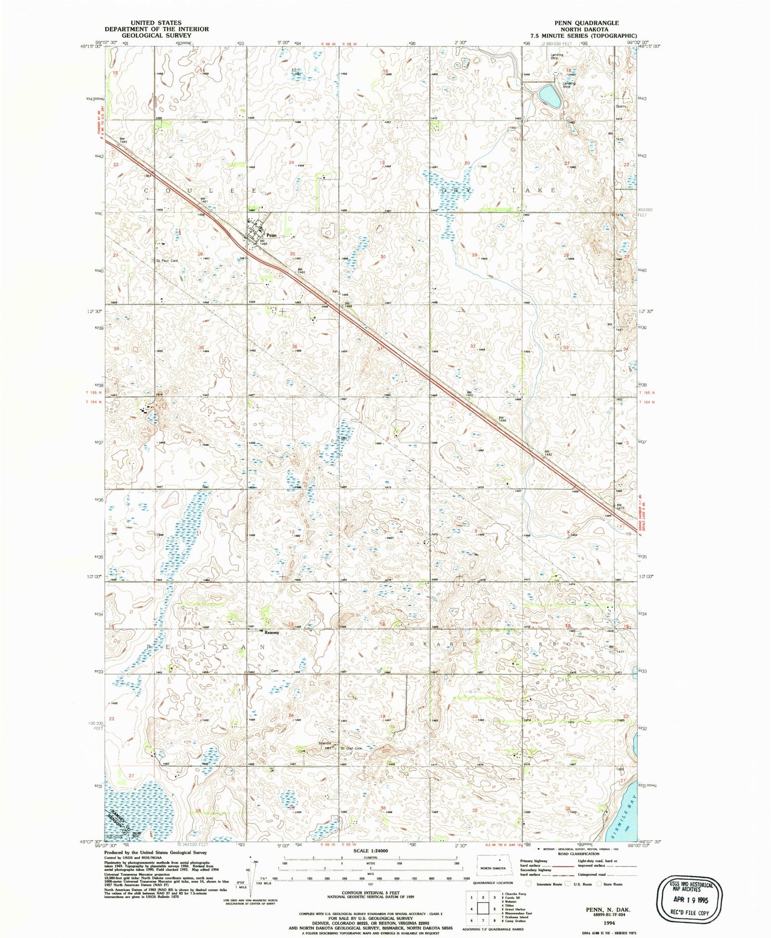 Classic USGS Penn North Dakota 7.5'x7.5' Topo Map Image