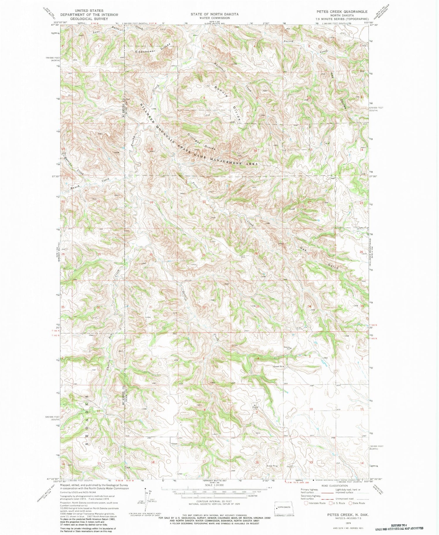 Classic USGS Petes Creek North Dakota 7.5'x7.5' Topo Map Image