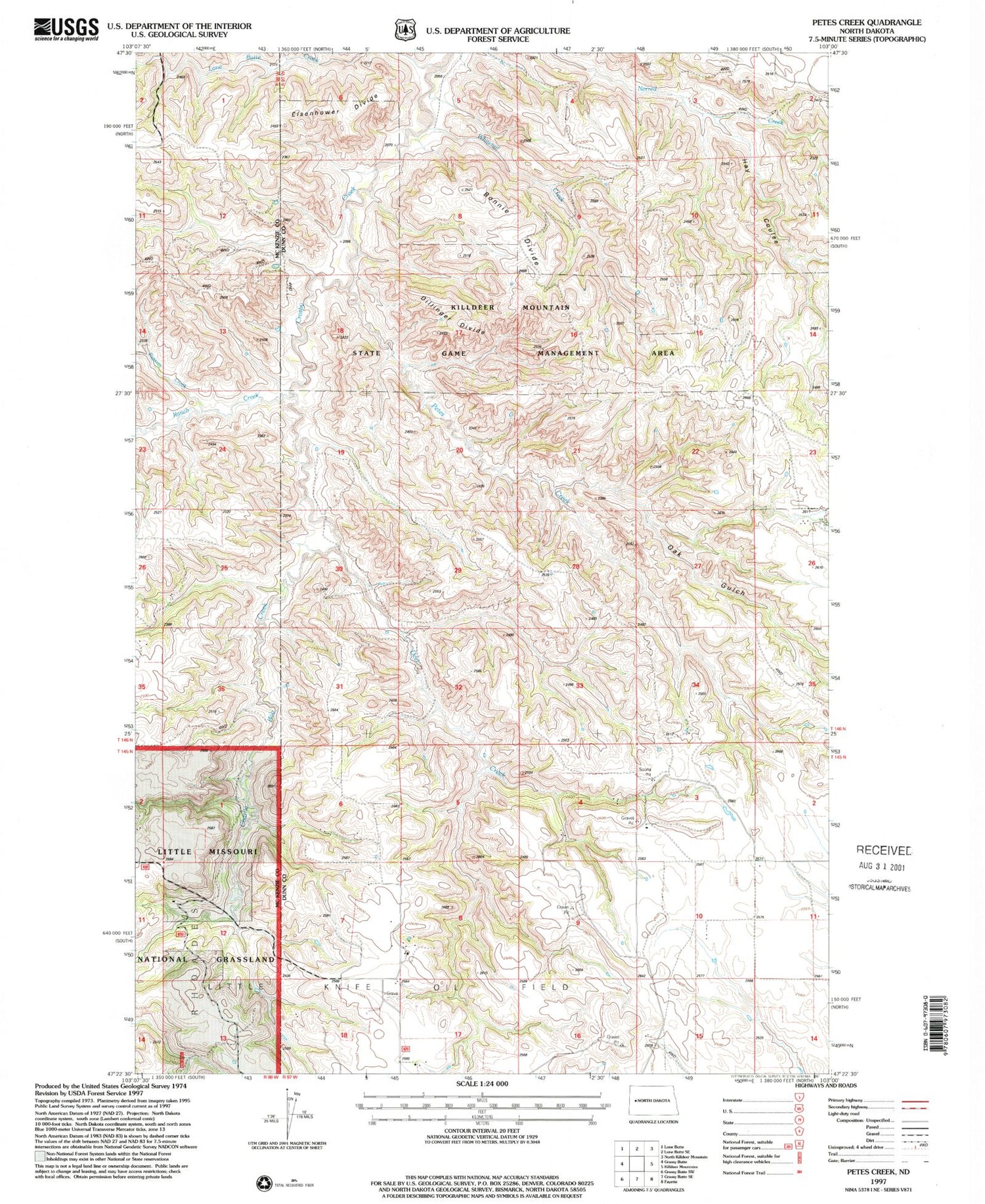 Classic USGS Petes Creek North Dakota 7.5'x7.5' Topo Map Image