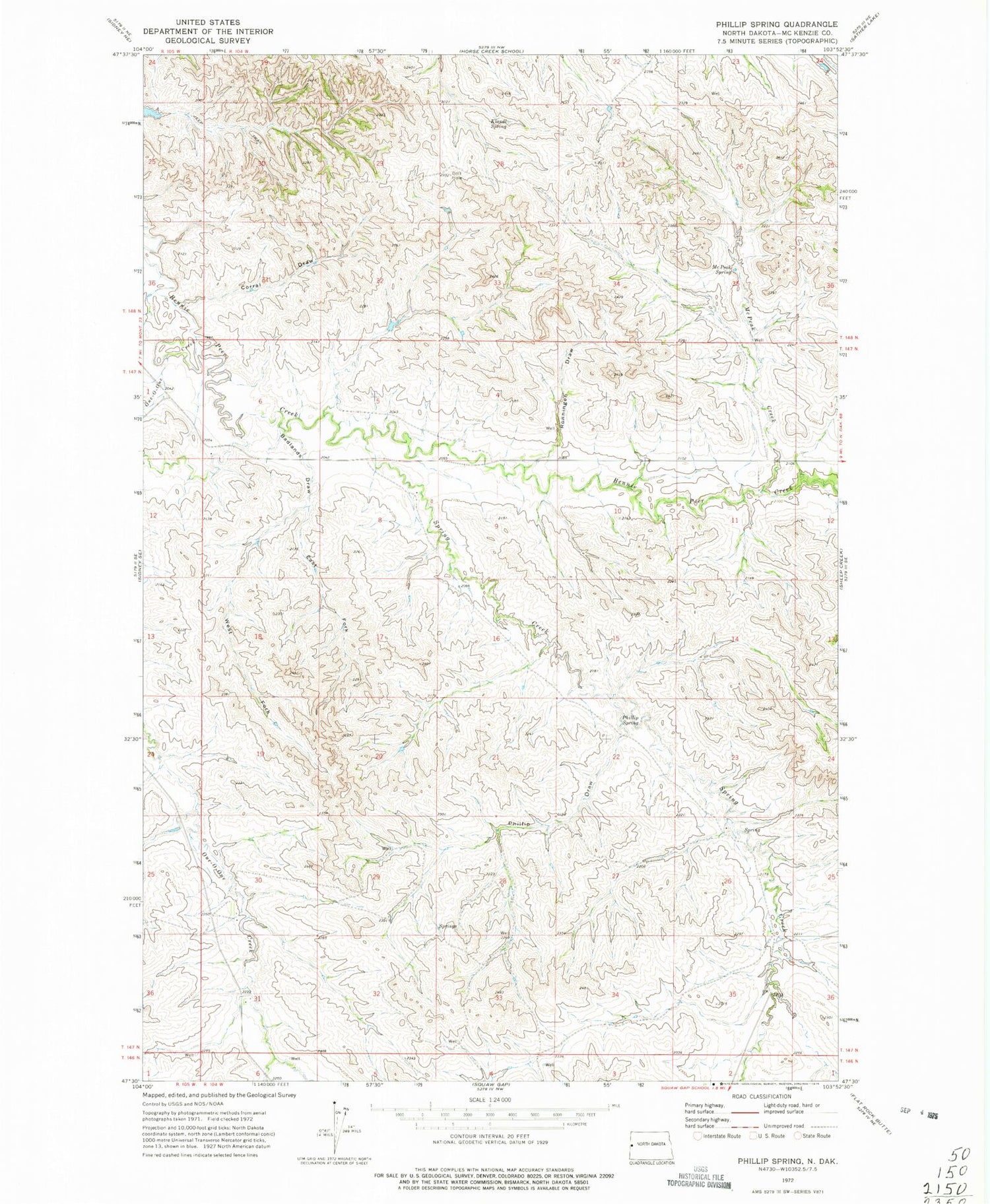 Classic USGS Phillip Spring North Dakota 7.5'x7.5' Topo Map Image
