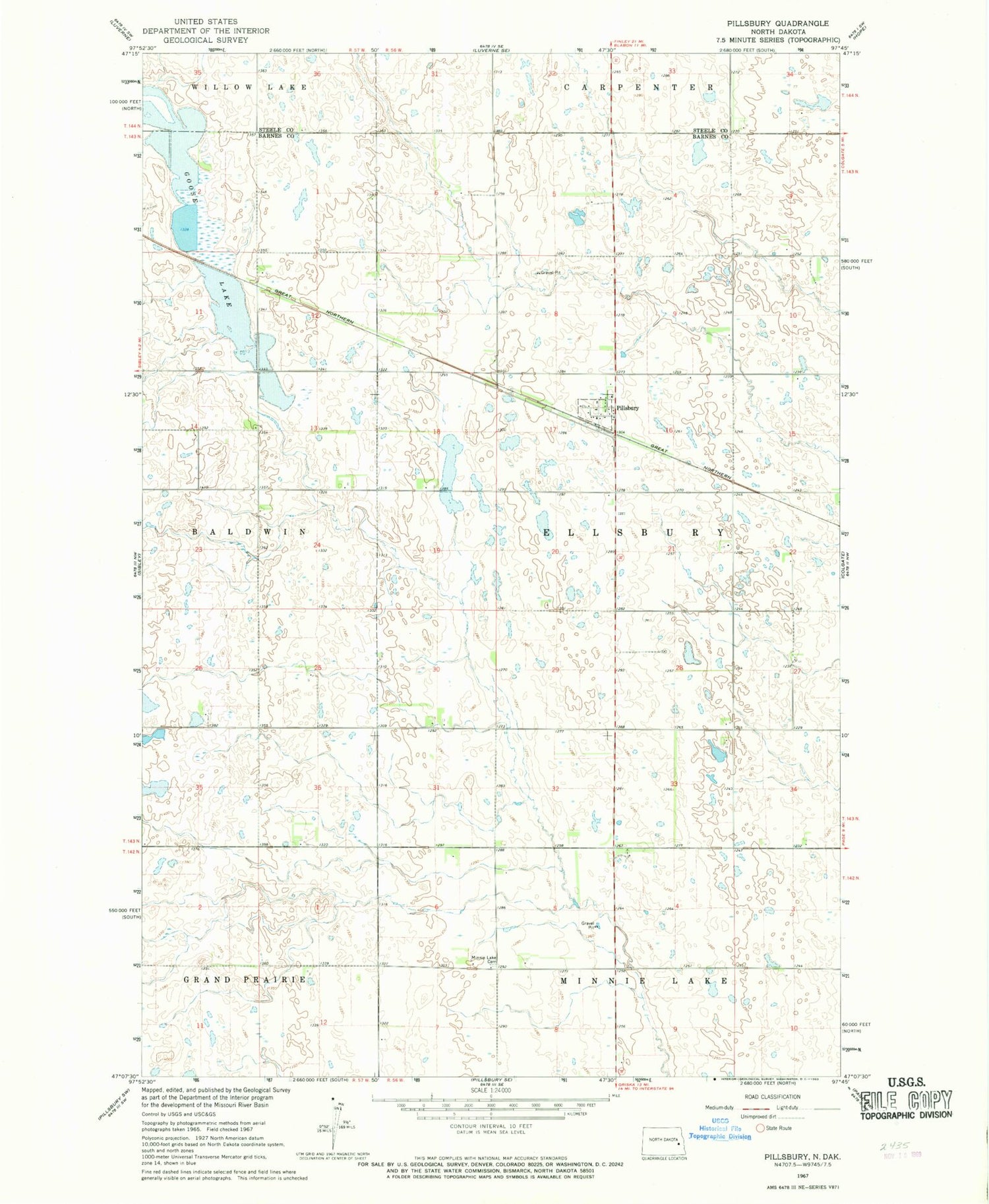 Classic USGS Pillsbury North Dakota 7.5'x7.5' Topo Map Image