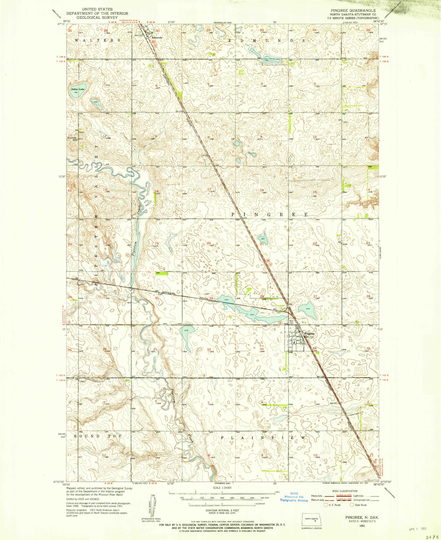 Classic USGS Pingree North Dakota 7.5'x7.5' Topo Map Image