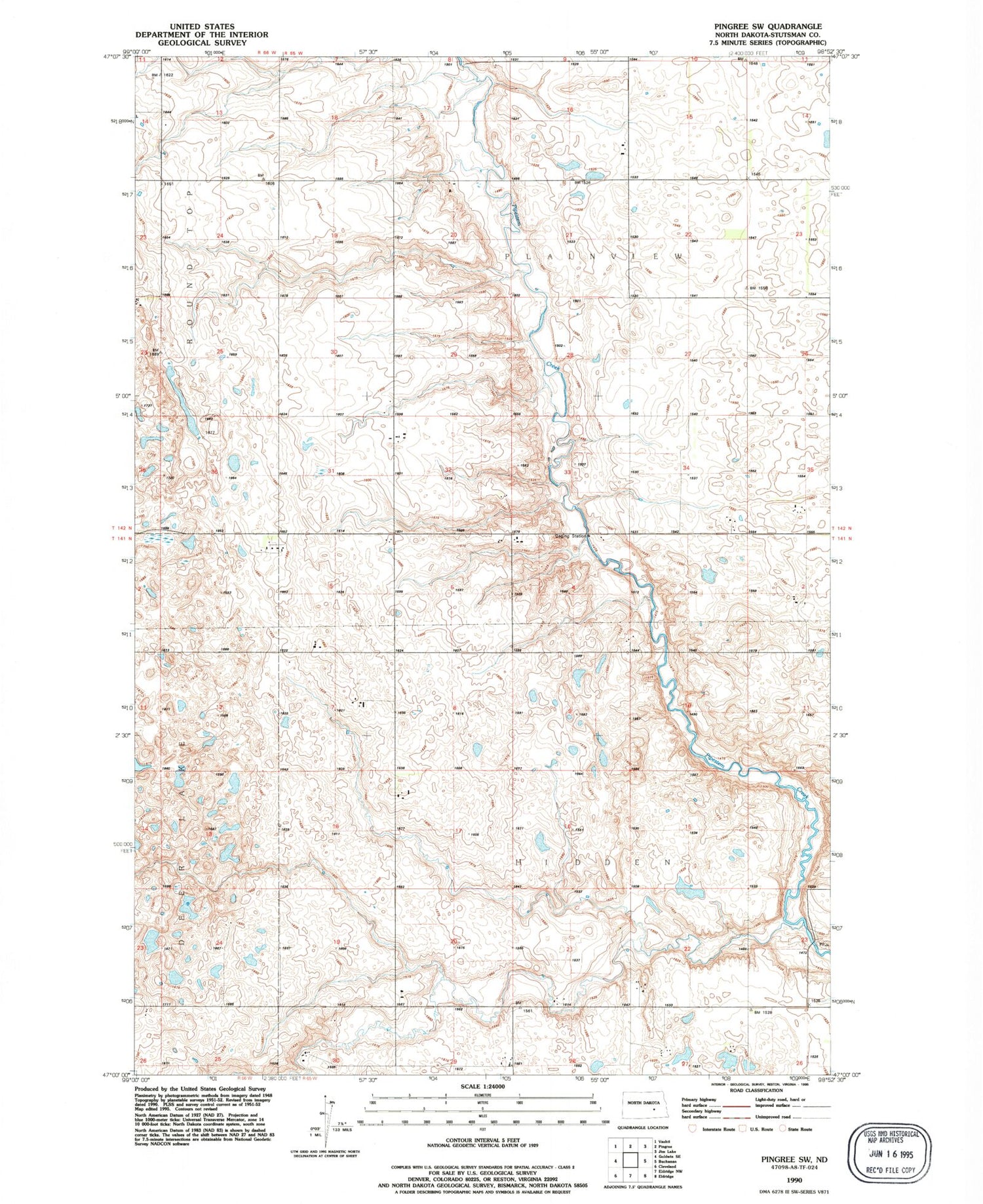 Classic USGS Pingree SW North Dakota 7.5'x7.5' Topo Map Image