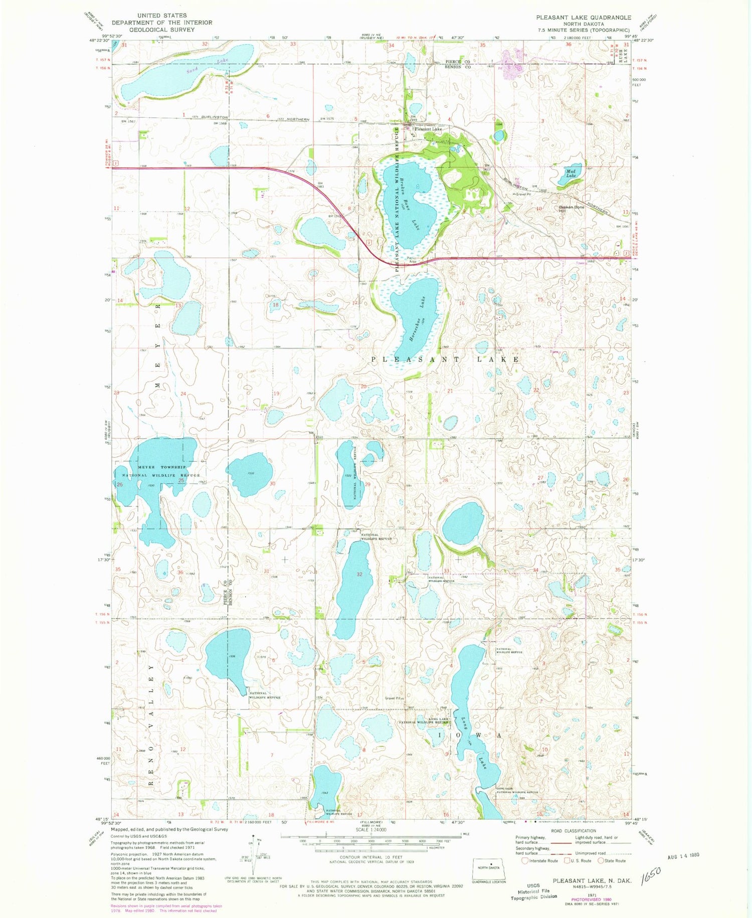 Classic USGS Pleasant Lake North Dakota 7.5'x7.5' Topo Map Image