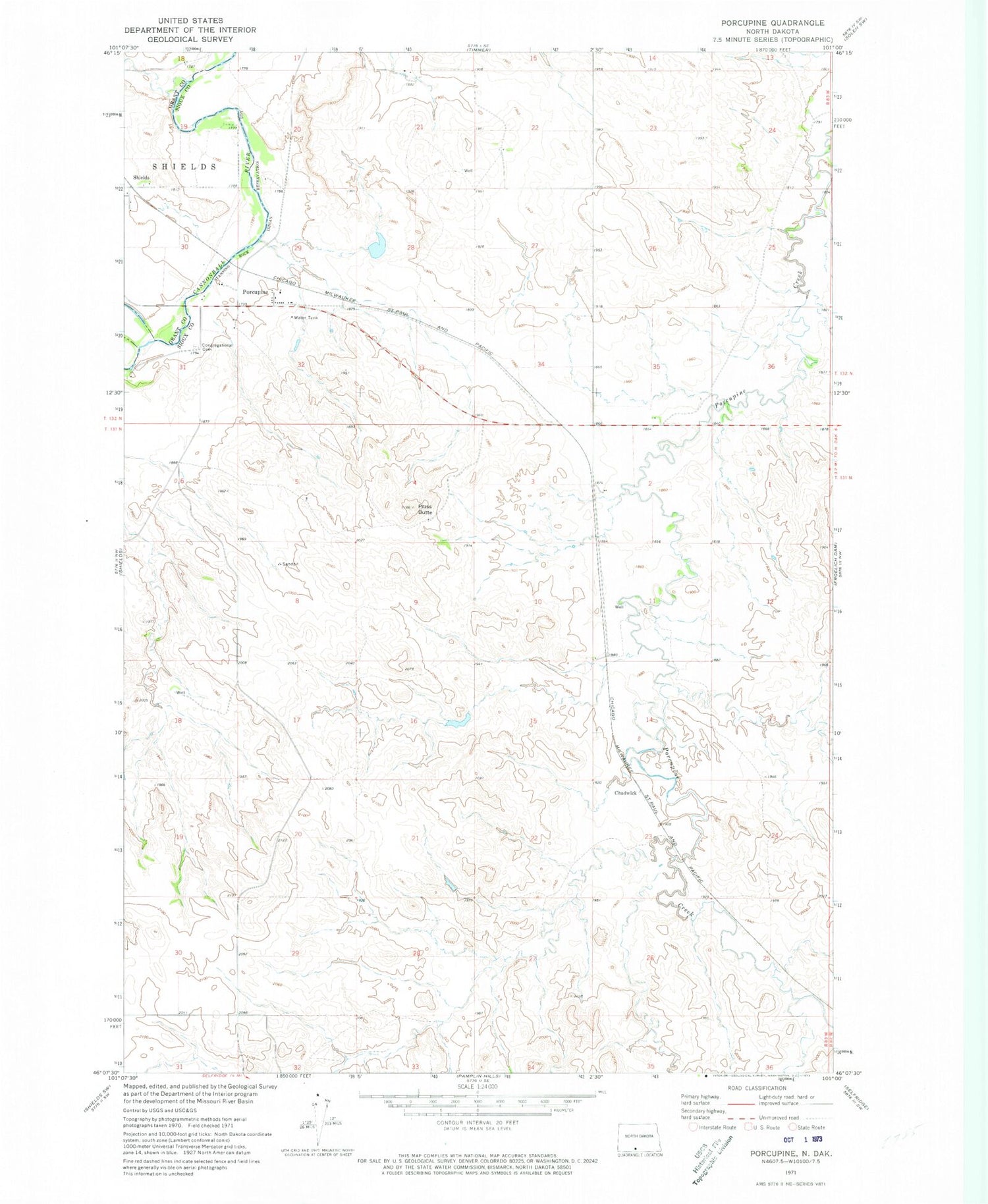 Classic USGS Porcupine North Dakota 7.5'x7.5' Topo Map Image